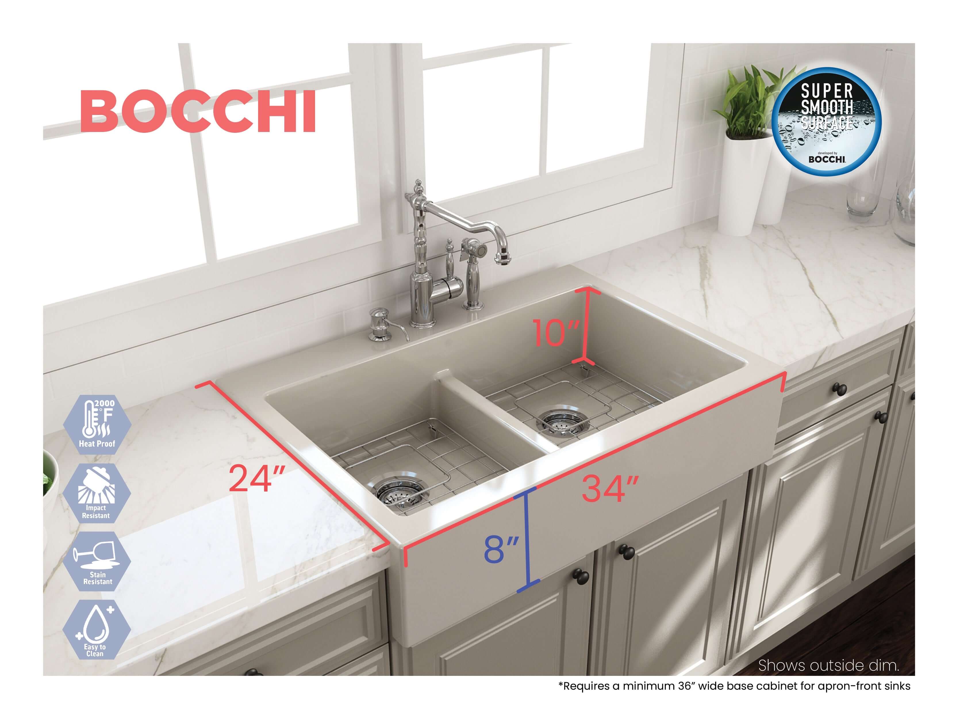 BOCCHI Nuova 34" Fireclay Retrofit Drop-In Farmhouse Sink with Accessories, 50/50 Double Bowl, Biscuit, 1501-014-0127