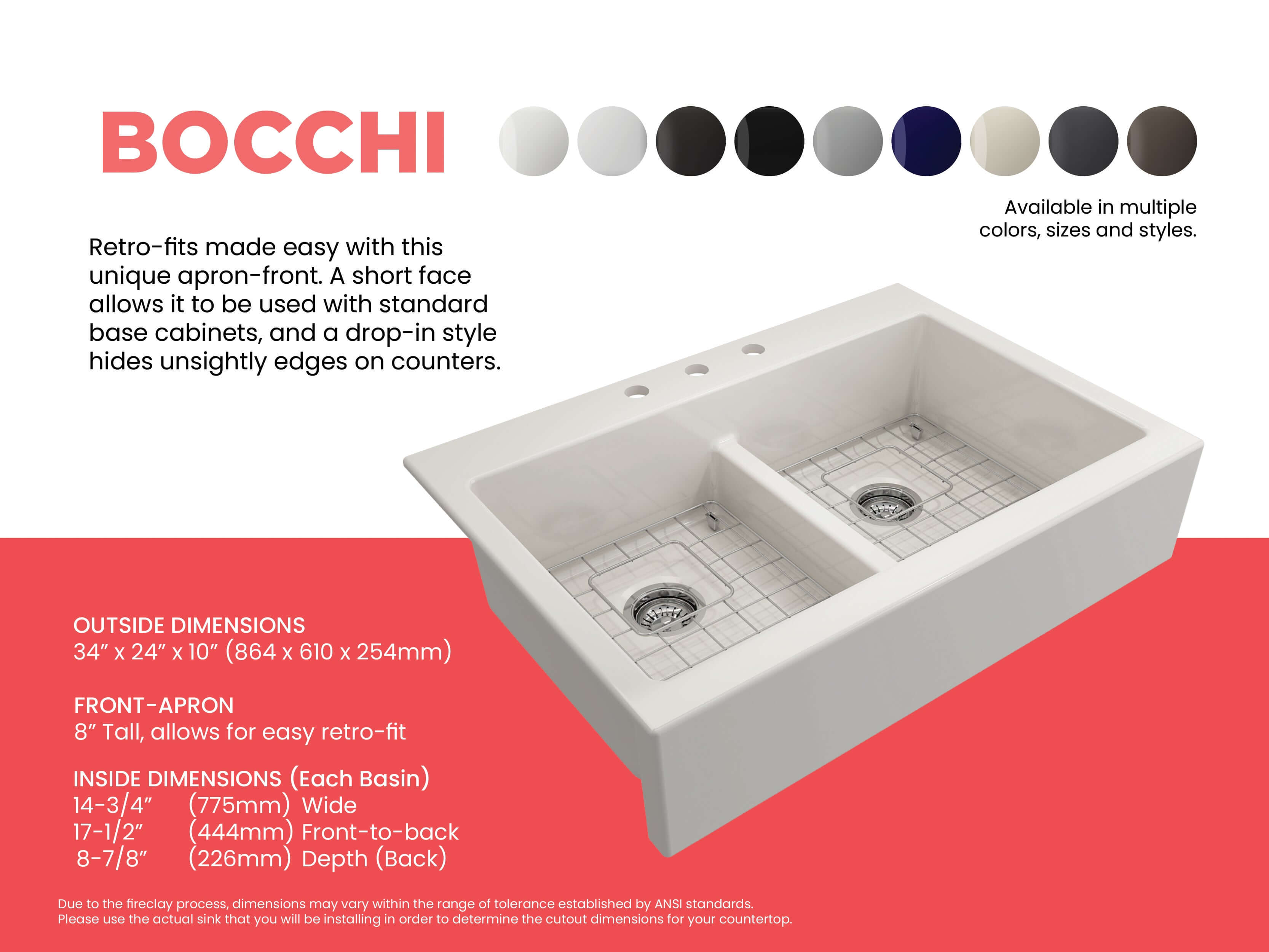BOCCHI Nuova 34" Fireclay Retrofit Drop-In Farmhouse Sink with Accessories, 50/50 Double Bowl, Biscuit, 1501-014-0127
