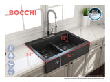 BOCCHI Nuova 34" Fireclay Retrofit Drop-In Farmhouse Sink with Accessories, 50/50 Double Bowl, Matte Dark Gray, 1501-020-0127