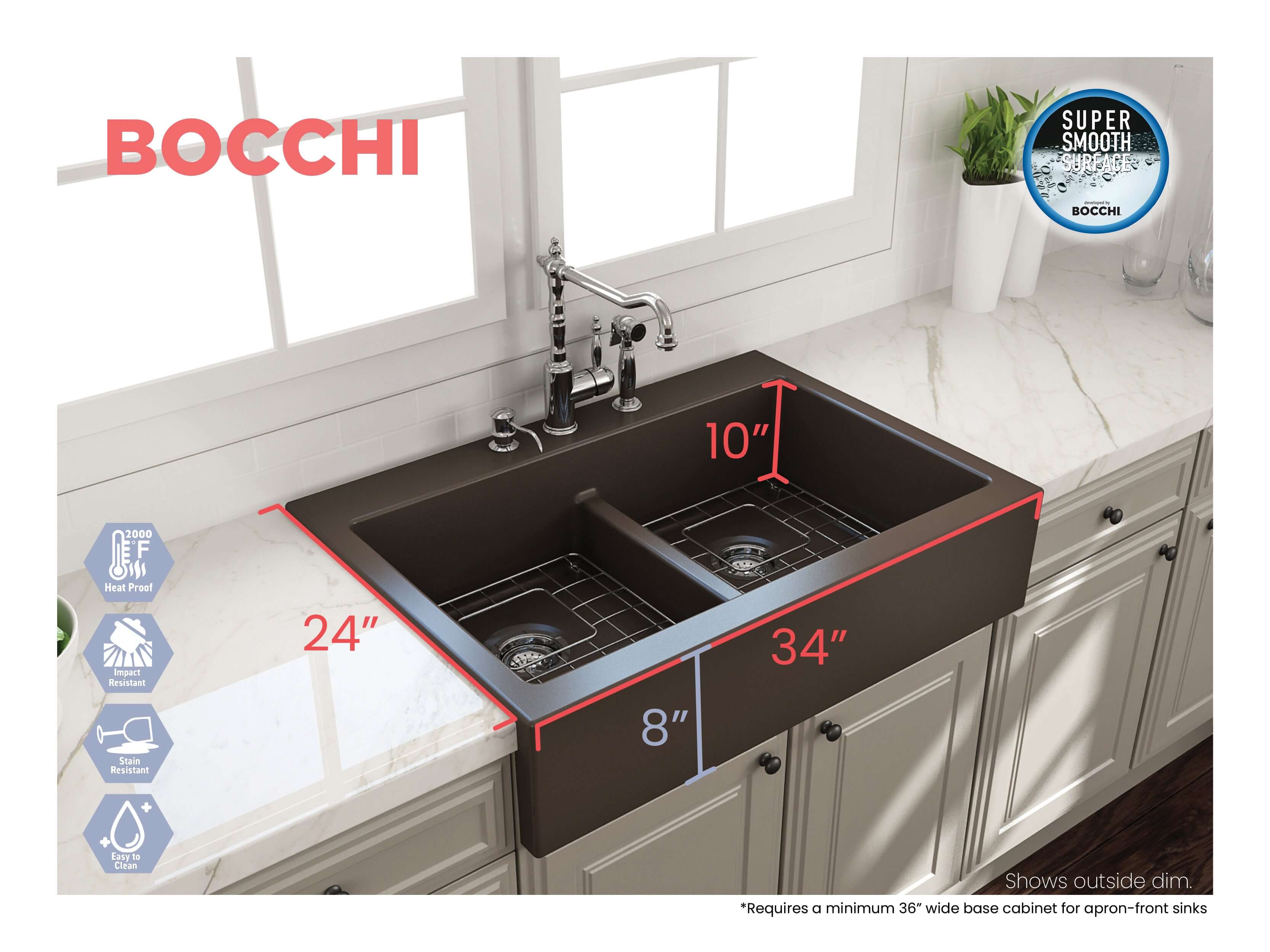 BOCCHI Nuova 34" Fireclay Retrofit Drop-In Farmhouse Sink with Accessories, 50/50 Double Bowl, Matte Brown, 1501-025-0127
