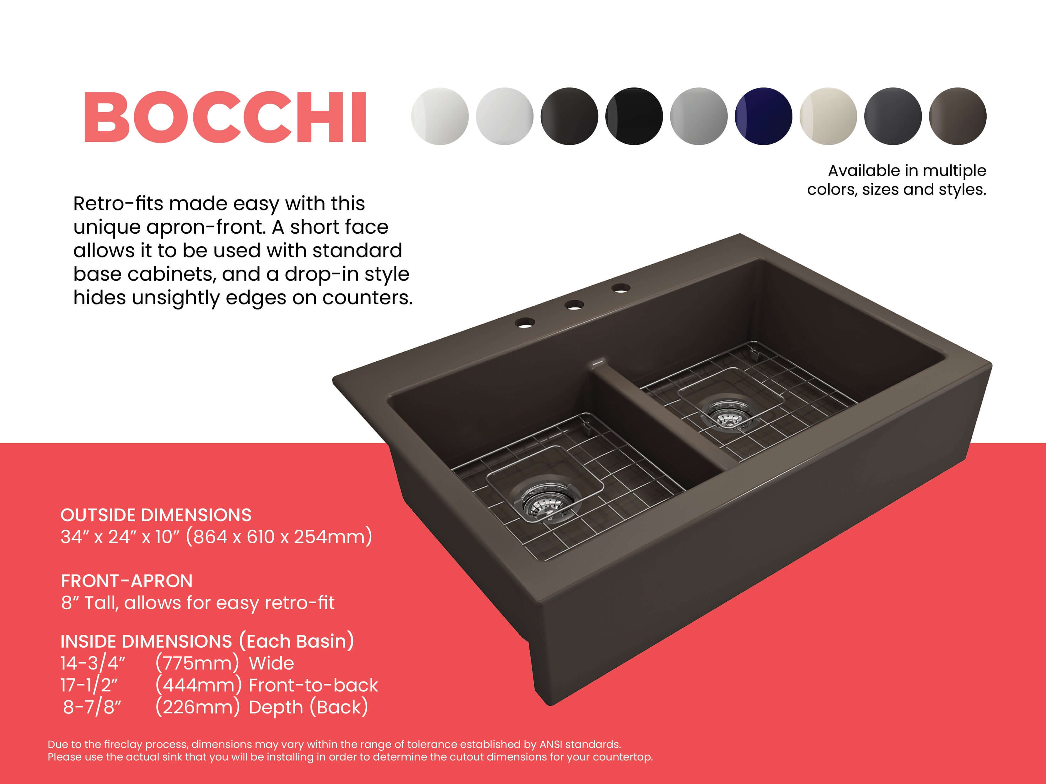 BOCCHI Nuova 34" Fireclay Retrofit Drop-In Farmhouse Sink with Accessories, 50/50 Double Bowl, Matte Brown, 1501-025-0127