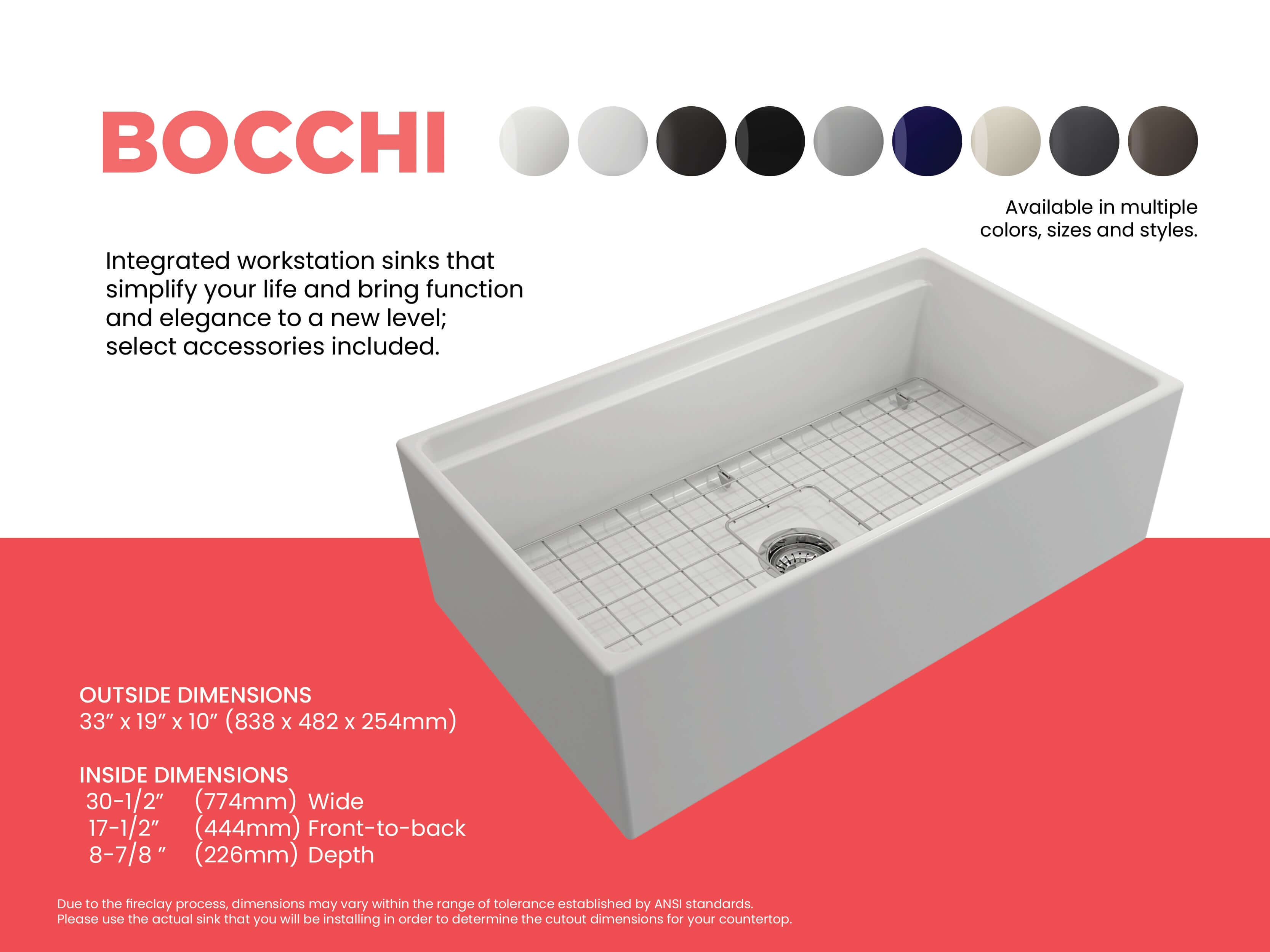 BOCCHI Contempo 33" Fireclay Workstation Farmhouse Sink with Accessories, Matte White, 1504-002-0120