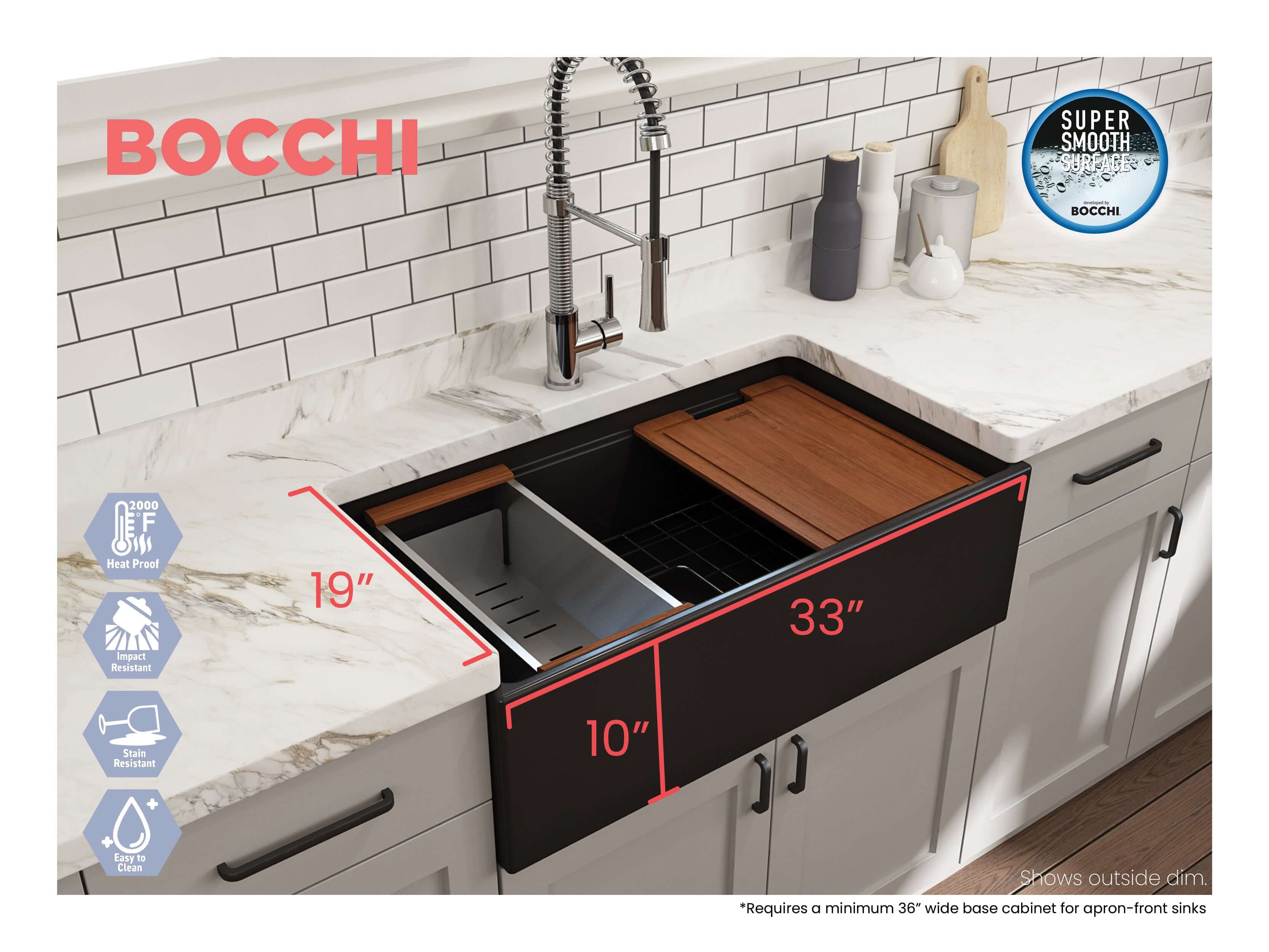 BOCCHI Contempo 33" Fireclay Workstation Farmhouse Sink with Accessories, Matte Black, 1504-004-0120