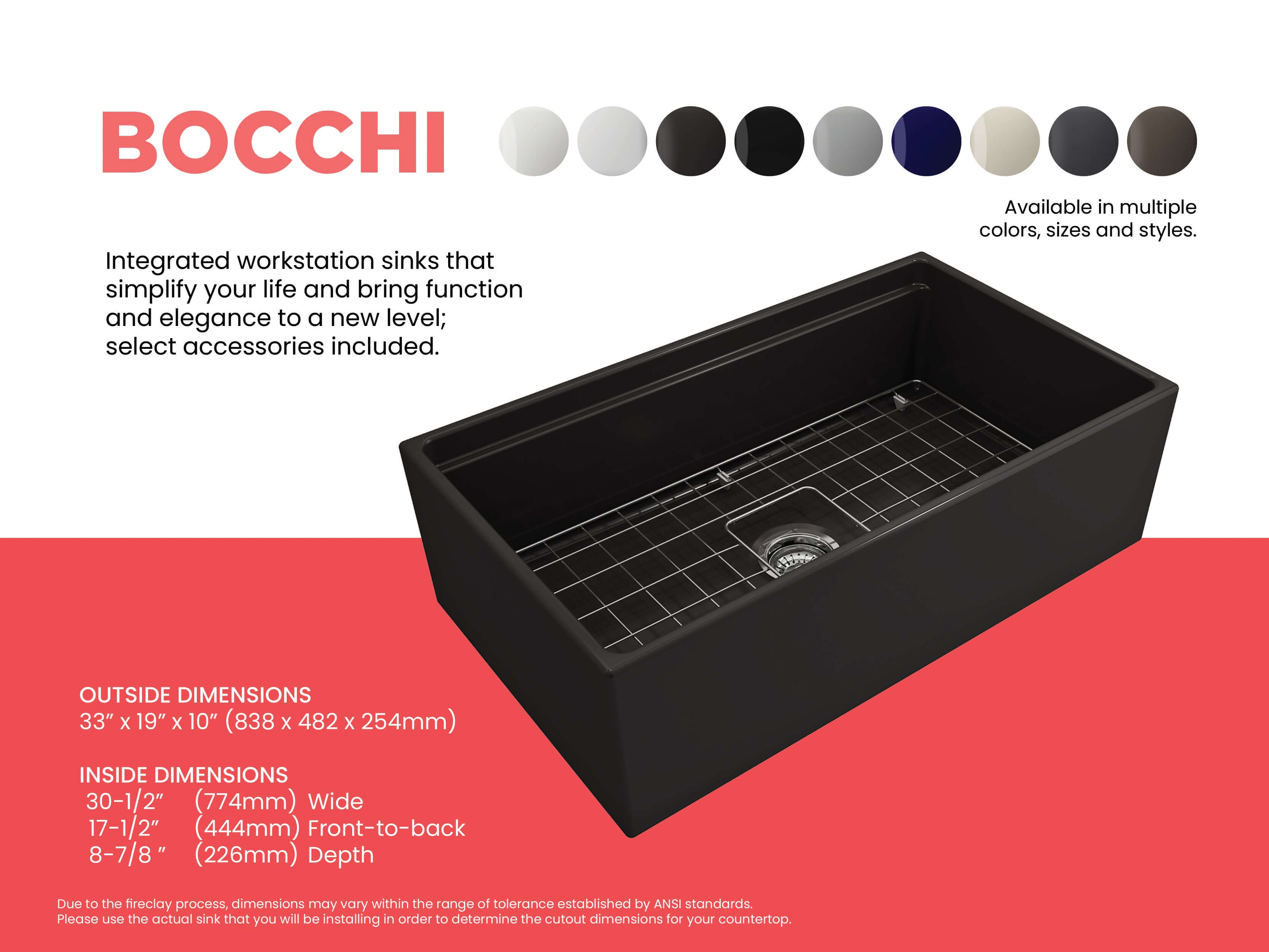 BOCCHI Contempo 33" Fireclay Workstation Farmhouse Sink with Accessories, Matte Black, 1504-004-0120