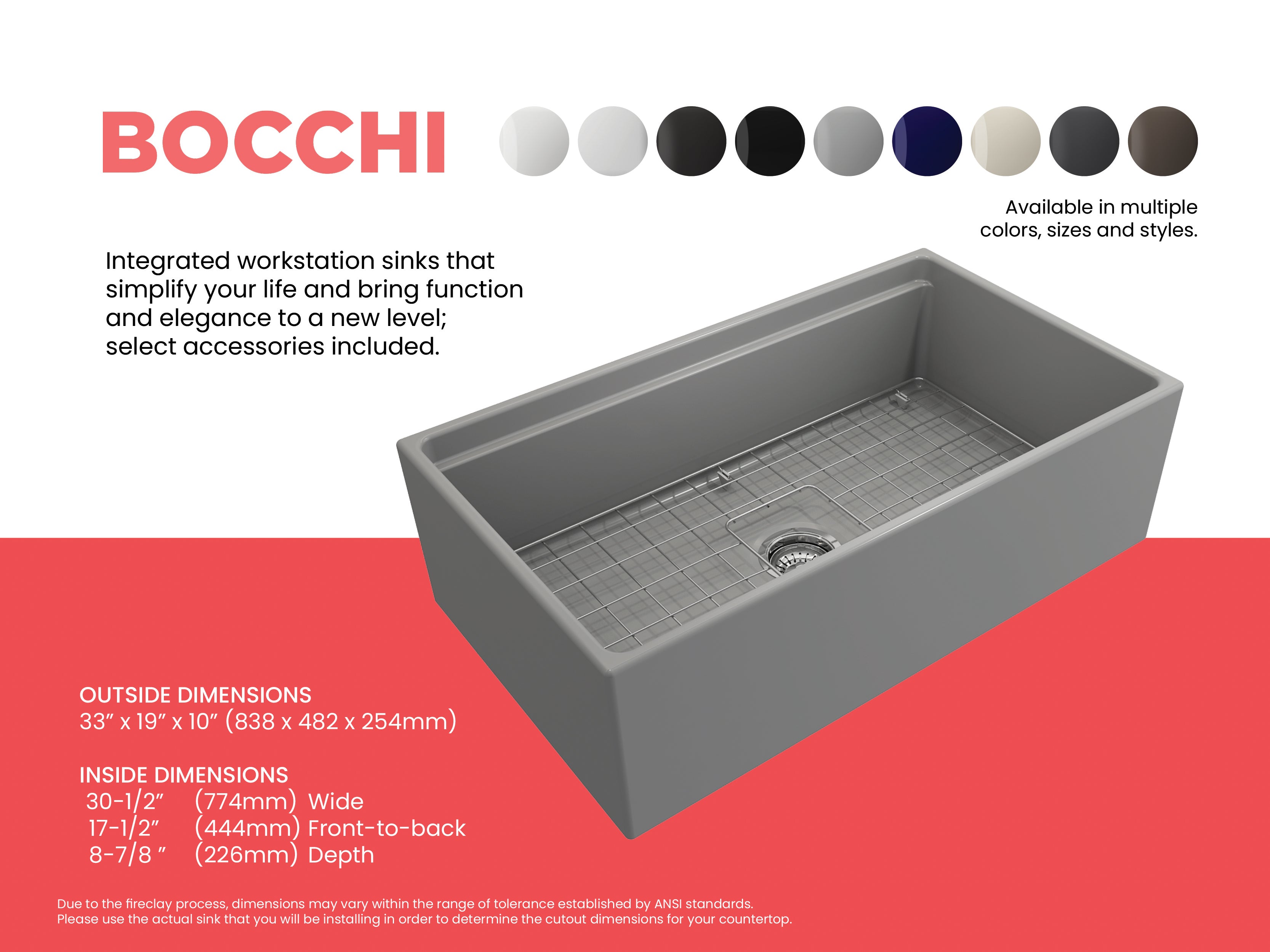 BOCCHI Contempo 33" Fireclay Workstation Farmhouse Sink with Accessories, Matte Gray, 1504-006-0120