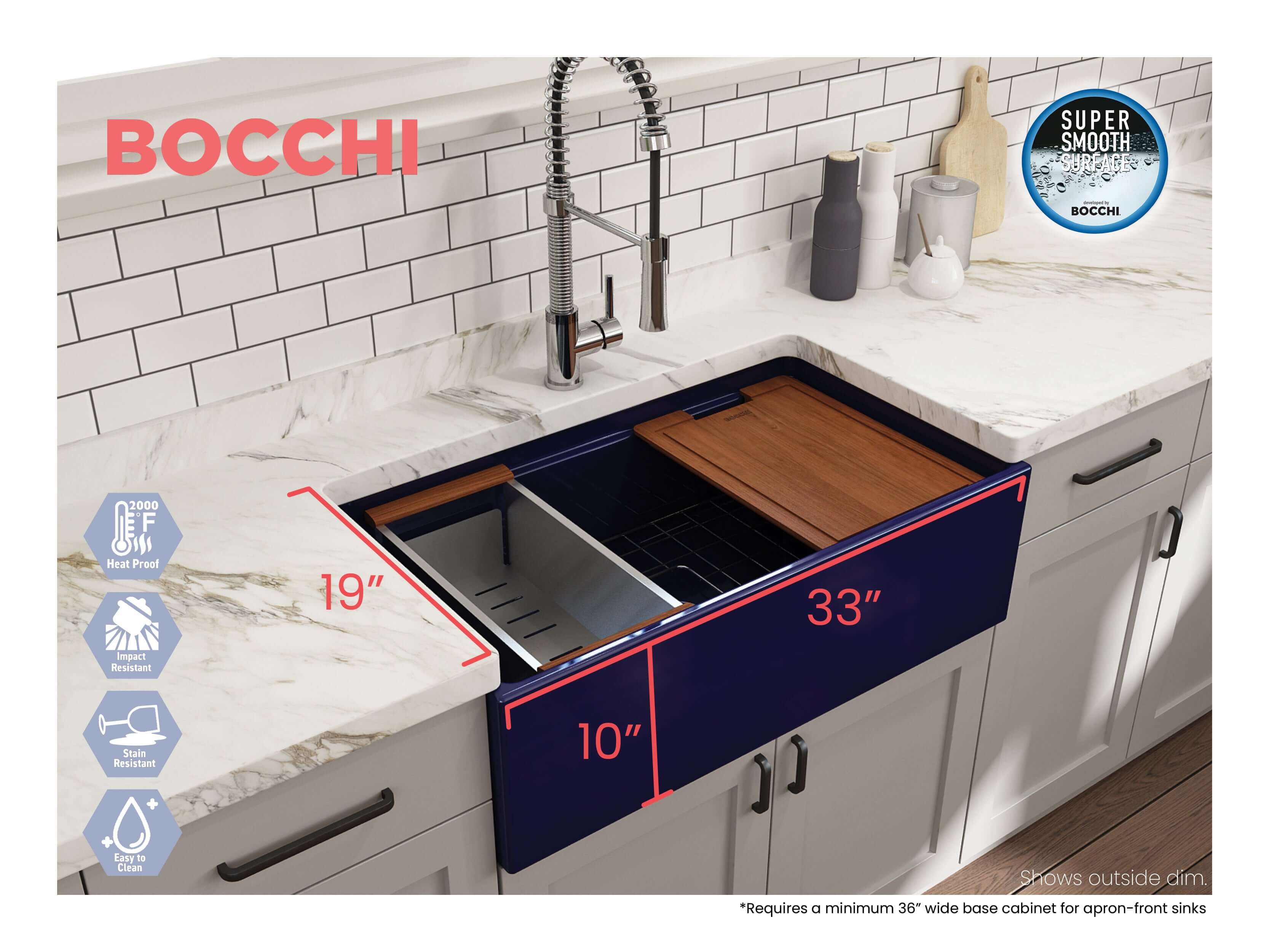 BOCCHI Contempo 33" Fireclay Workstation Farmhouse Sink with Accessories, Sapphire Blue, 1504-010-0120