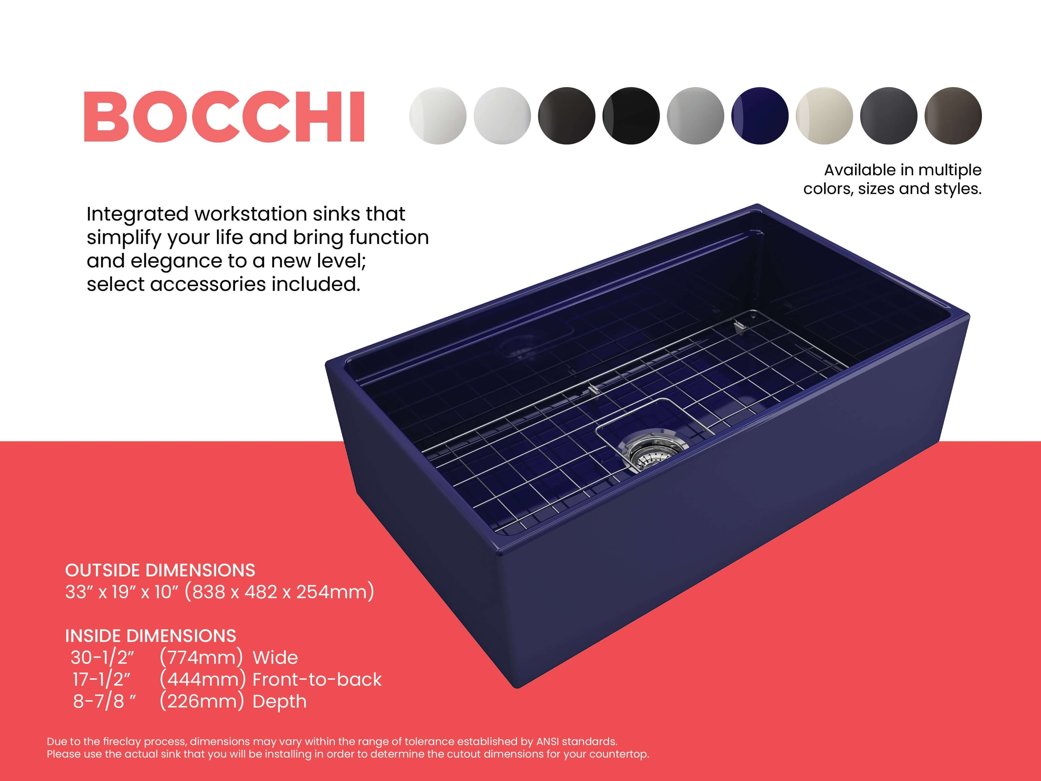 BOCCHI Contempo 33" Fireclay Workstation Farmhouse Sink with Accessories, Sapphire Blue, 1504-010-0120