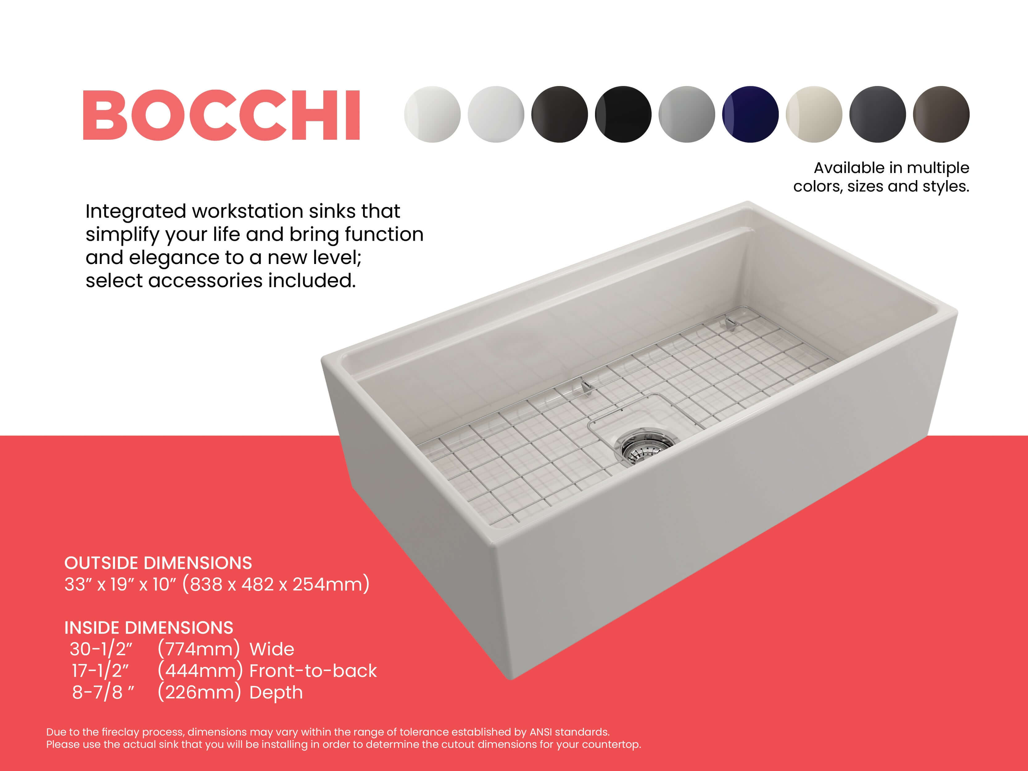 BOCCHI Contempo 33" Fireclay Workstation Farmhouse Sink with Accessories, Biscuit, 1504-014-0120