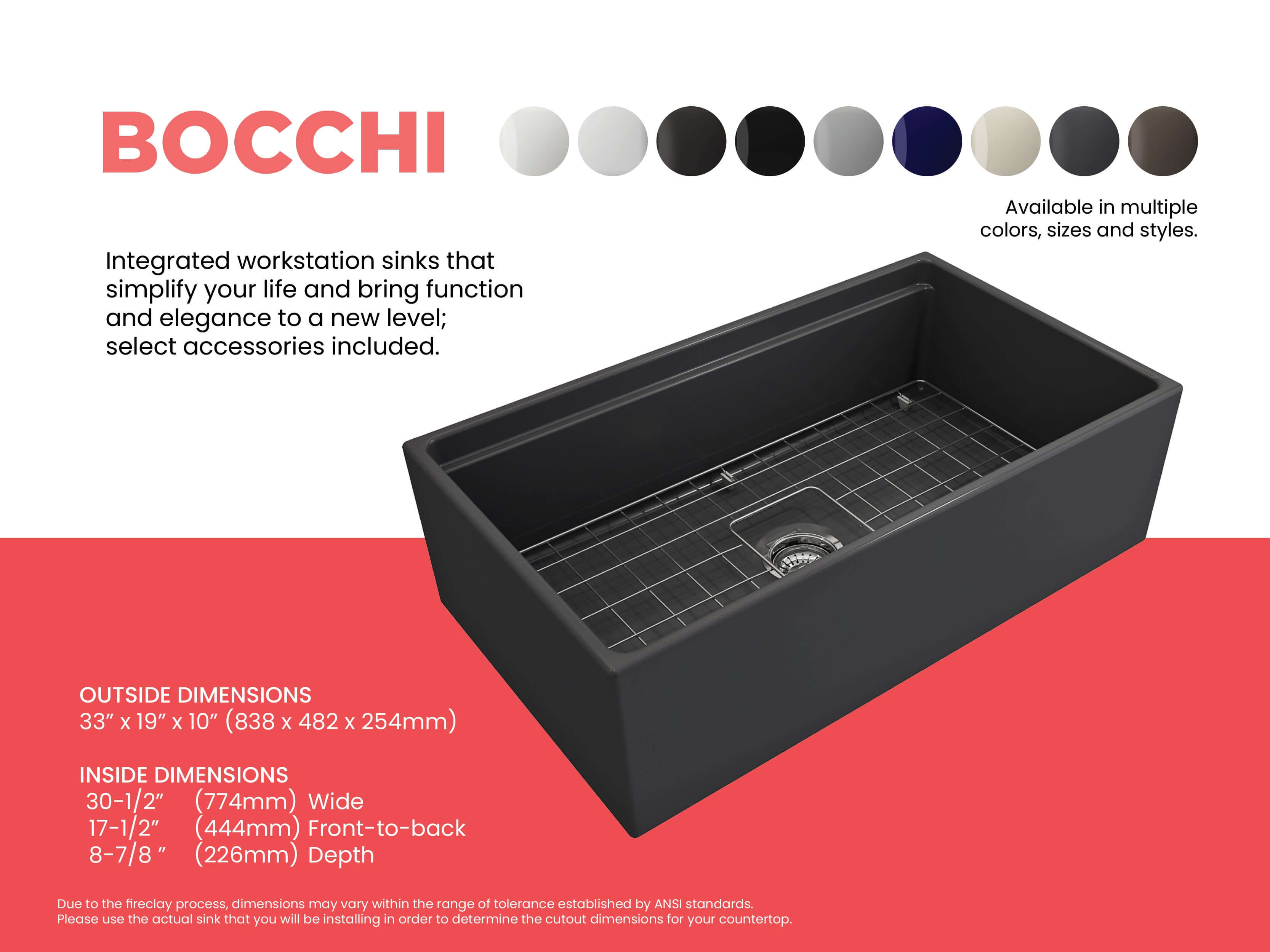 BOCCHI Contempo 33" Fireclay Workstation Farmhouse Sink with Accessories, Matte Dark Gray, 1504-020-0120