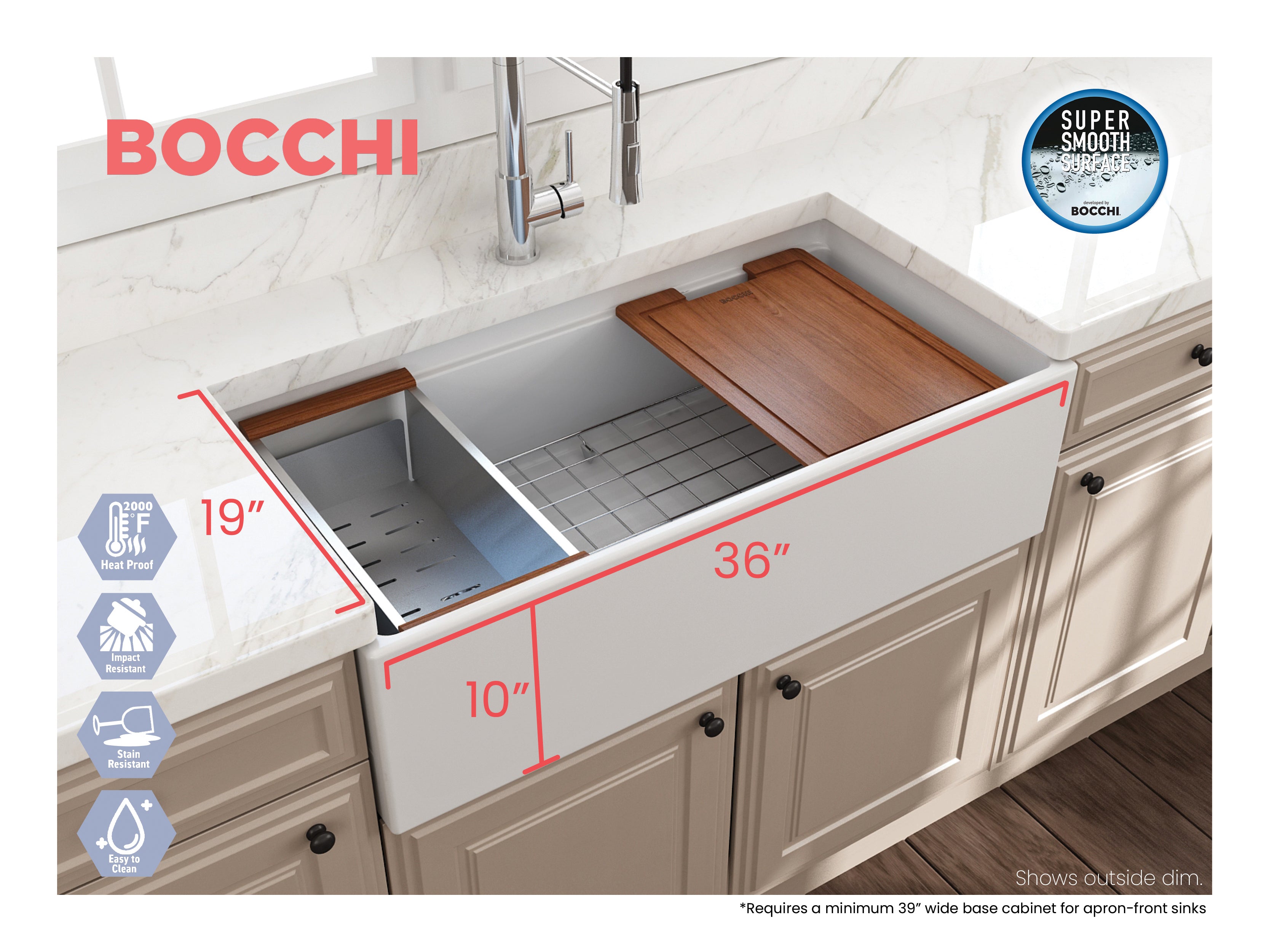 BOCCHI Contempo 36" Fireclay Workstation Farmhouse Sink with Accessories, Matte White, 1505-002-0120