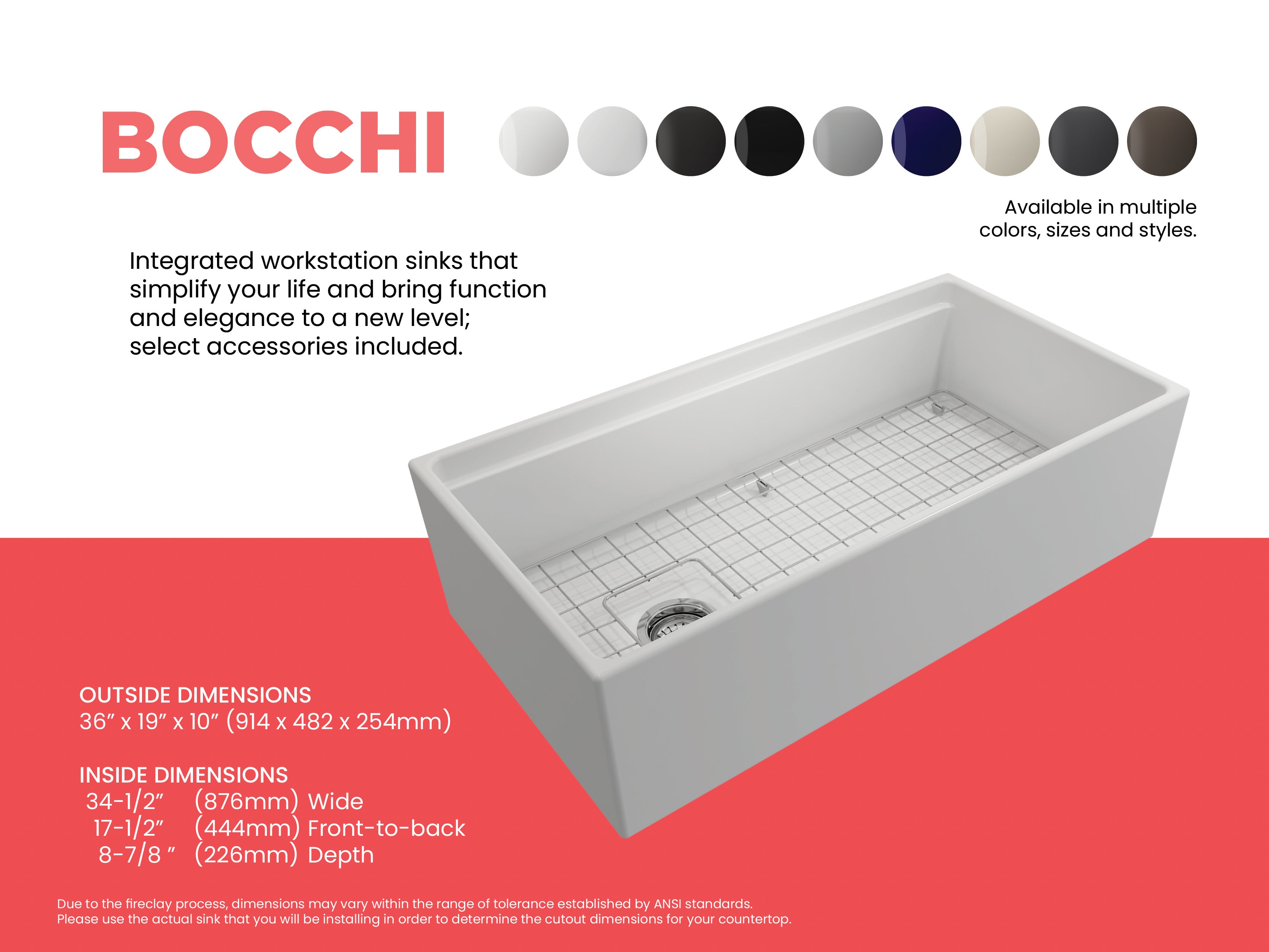 BOCCHI Contempo 36" Fireclay Workstation Farmhouse Sink with Accessories, Matte White, 1505-002-0120