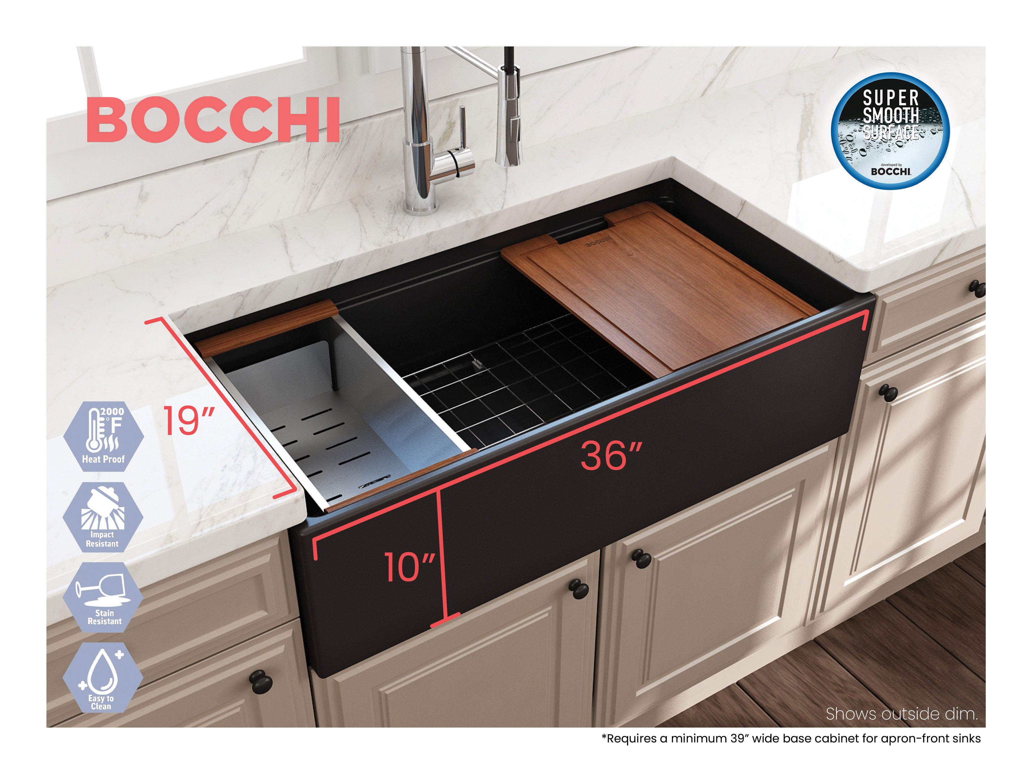 BOCCHI Contempo 36" Fireclay Workstation Farmhouse Sink with Accessories, Matte Black, 1505-004-0120