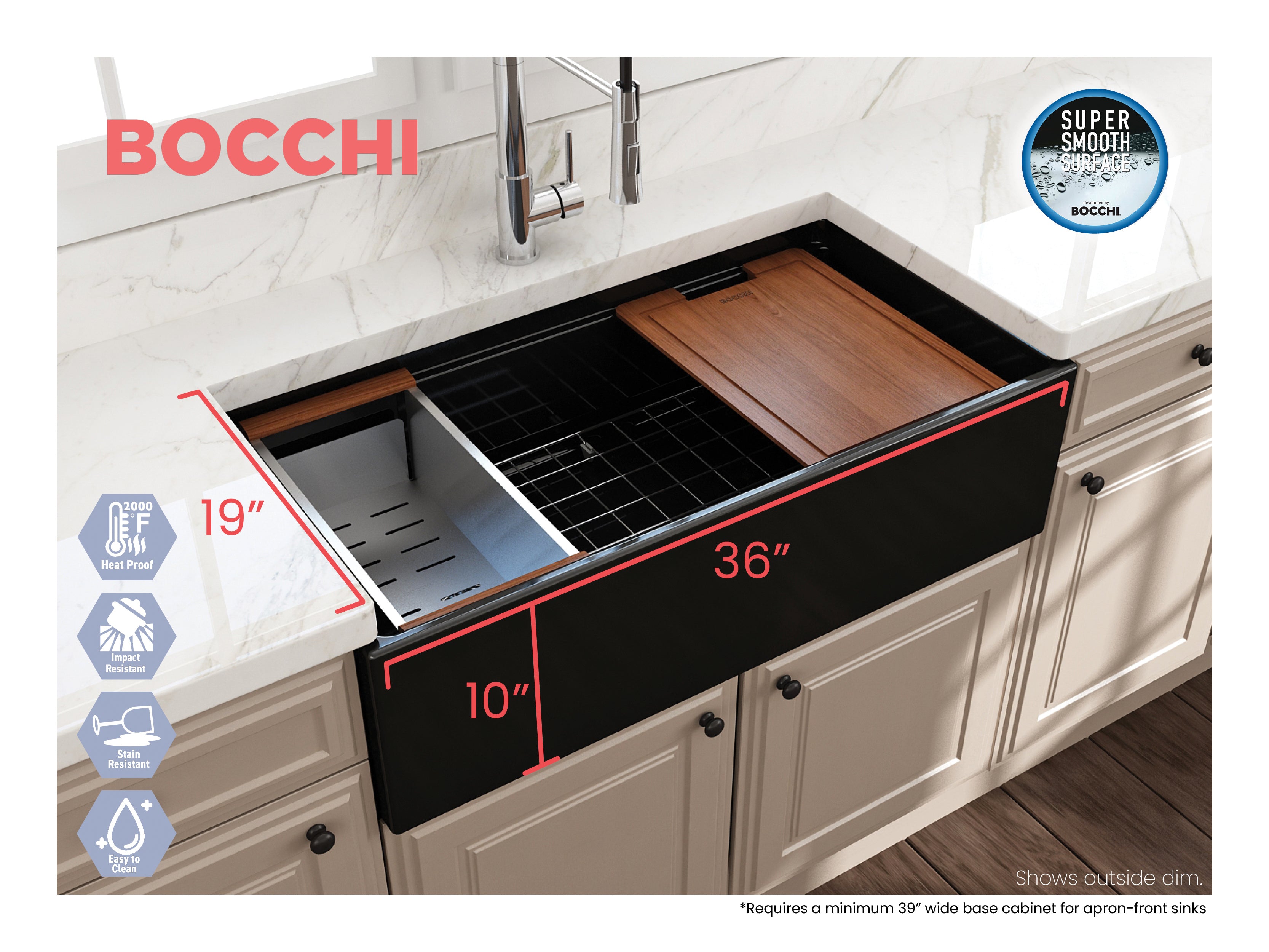 BOCCHI Contempo 36" Fireclay Workstation Farmhouse Sink with Accessories, Black, 1505-005-0120