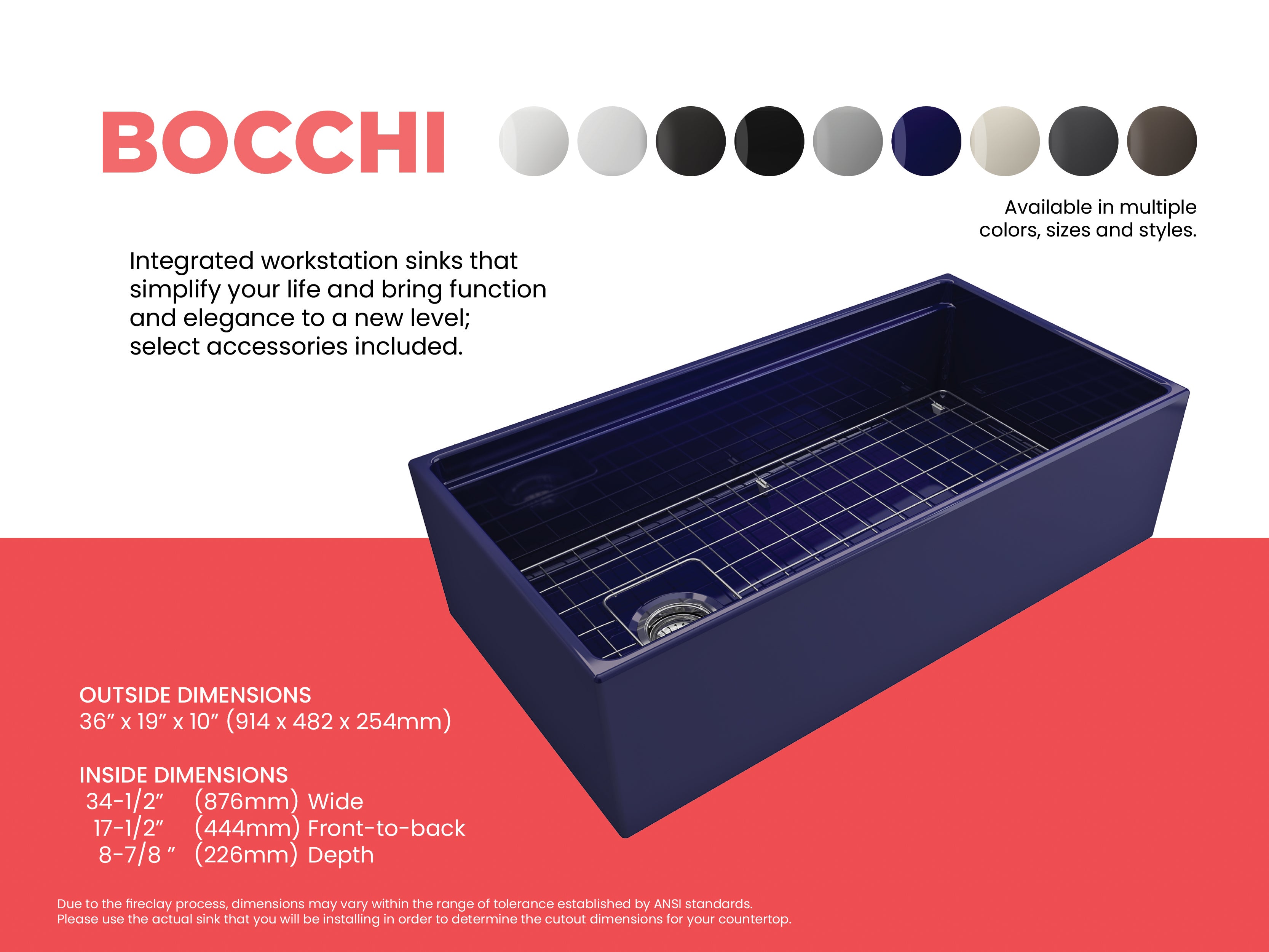 BOCCHI Contempo 36" Fireclay Workstation Farmhouse Sink with Accessories, Sapphire Blue, 1505-010-0120