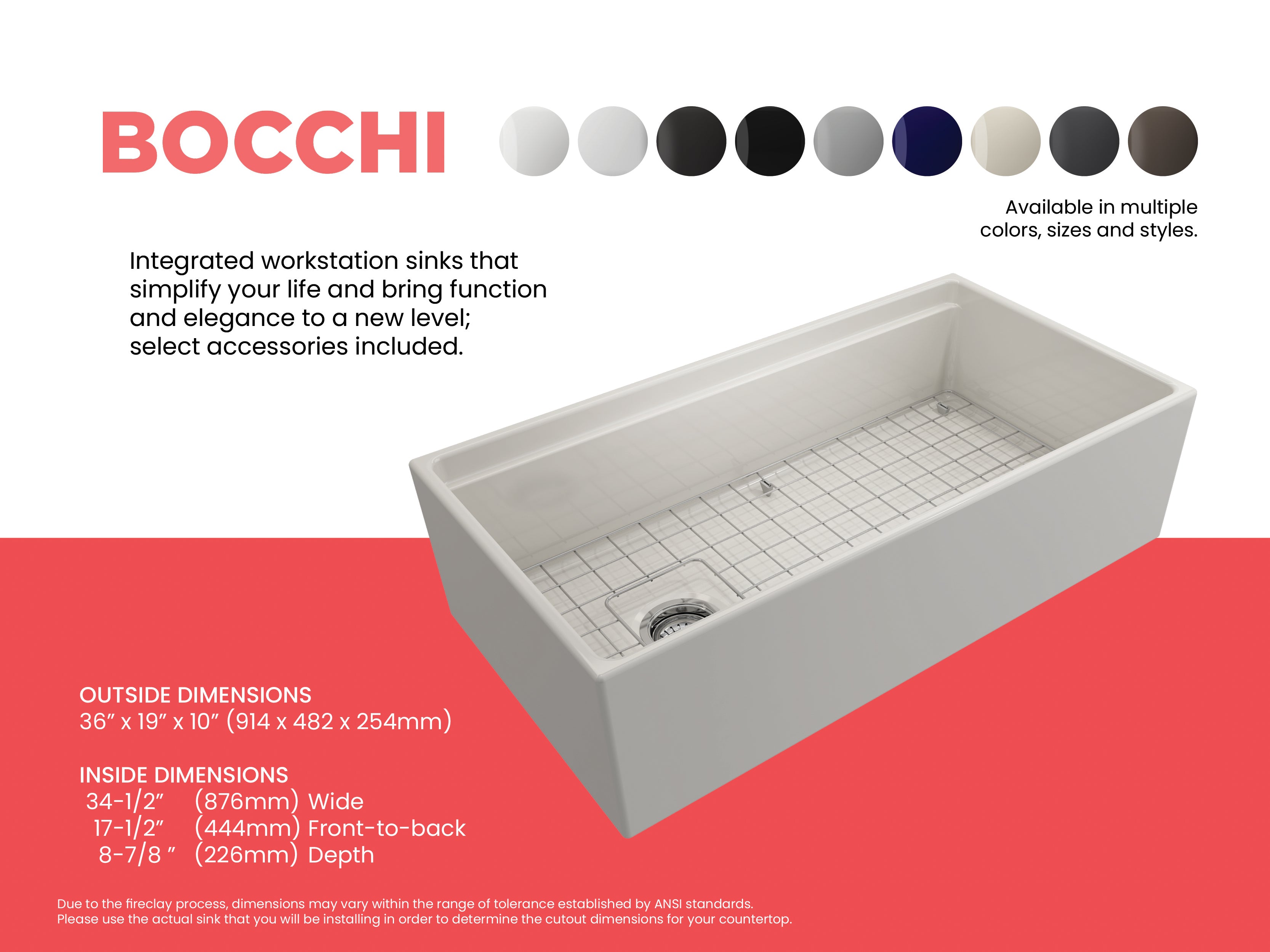 BOCCHI Contempo 36" Fireclay Workstation Farmhouse Sink with Accessories, Biscuit, 1505-014-0120