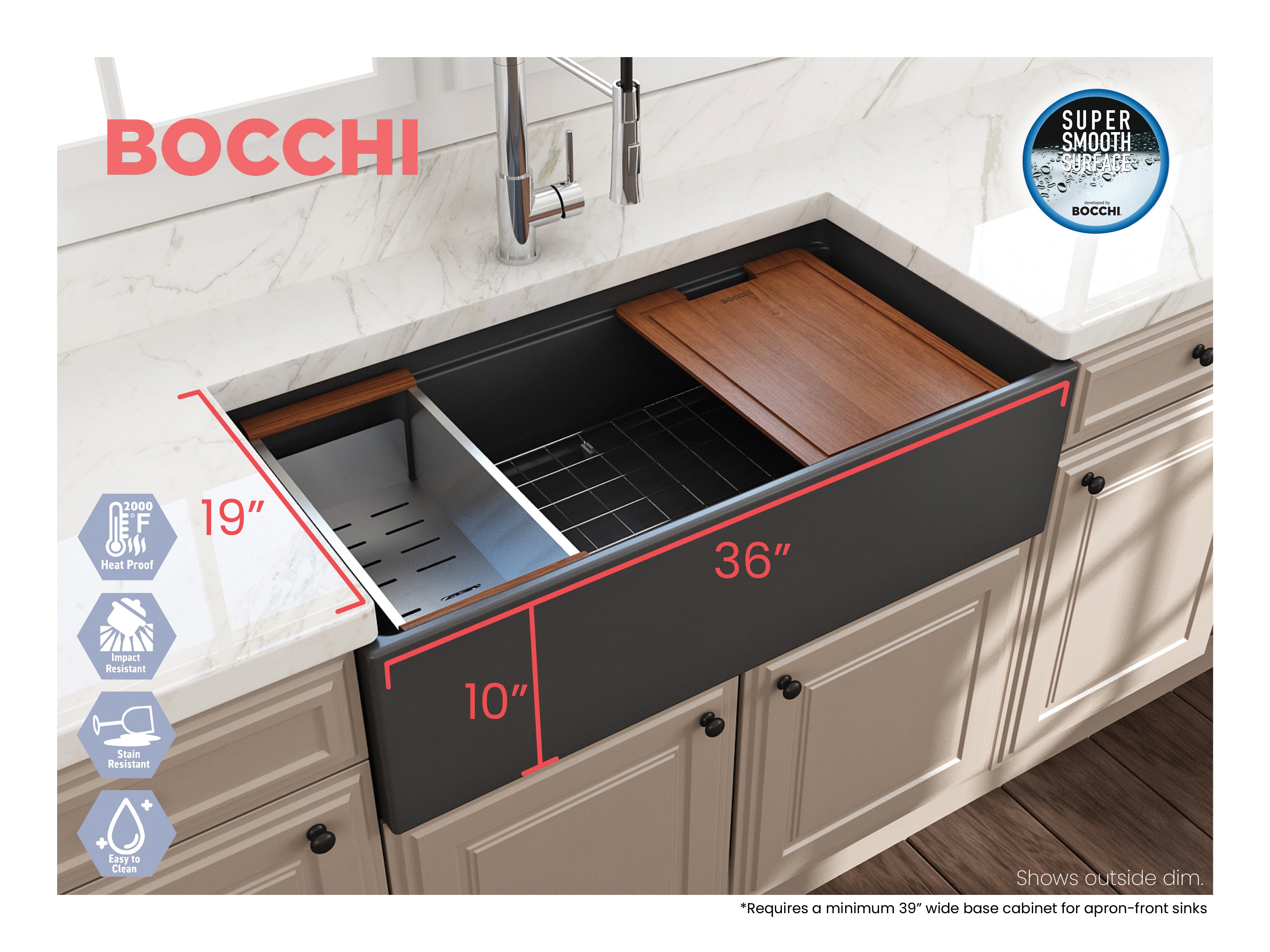 BOCCHI Contempo 36" Fireclay Workstation Farmhouse Sink with Accessories, Matte Dark Gray, 1505-020-0120