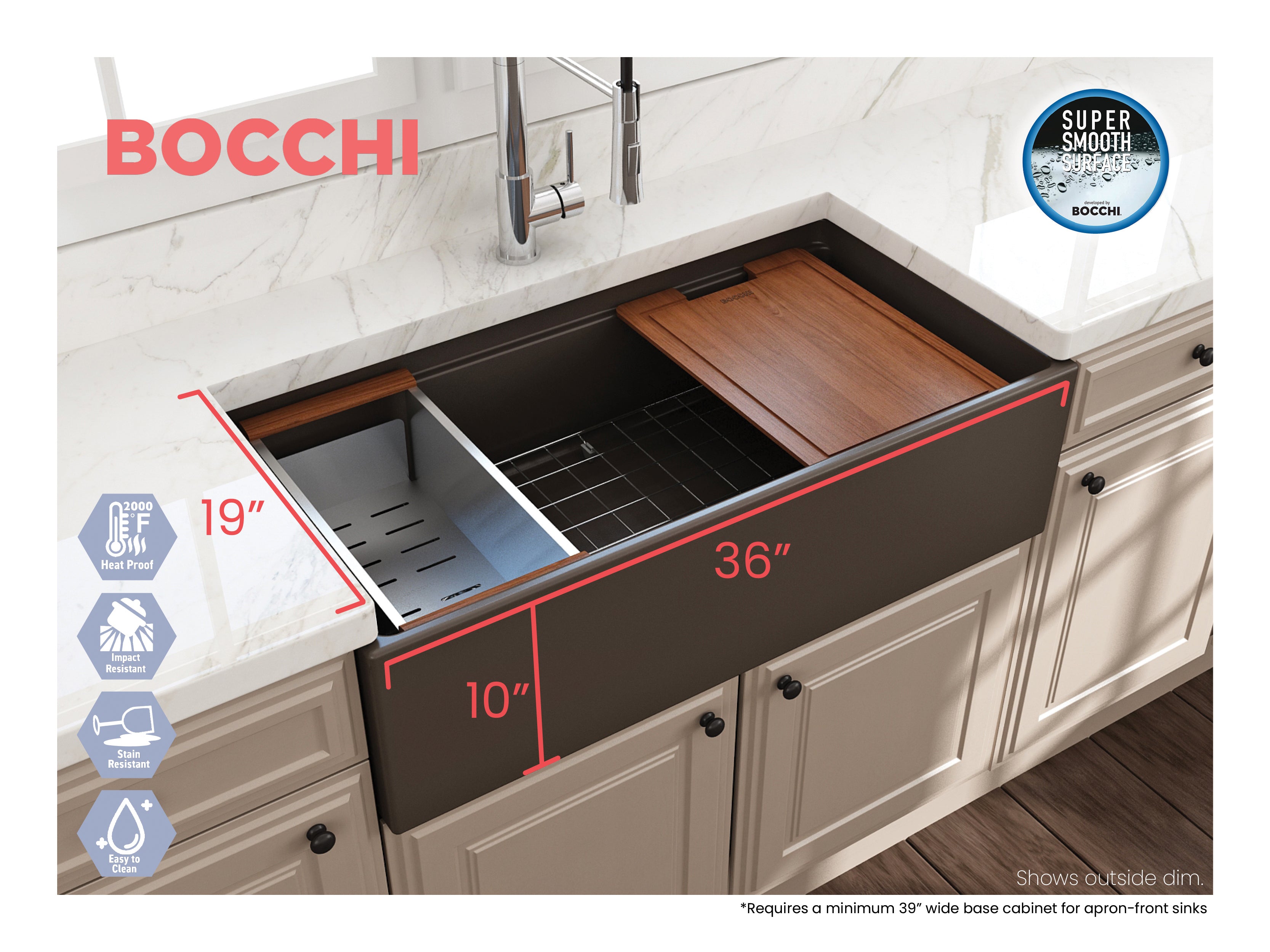 BOCCHI Contempo 36" Fireclay Workstation Farmhouse Sink with Accessories, Matte Brown, 1505-025-0120