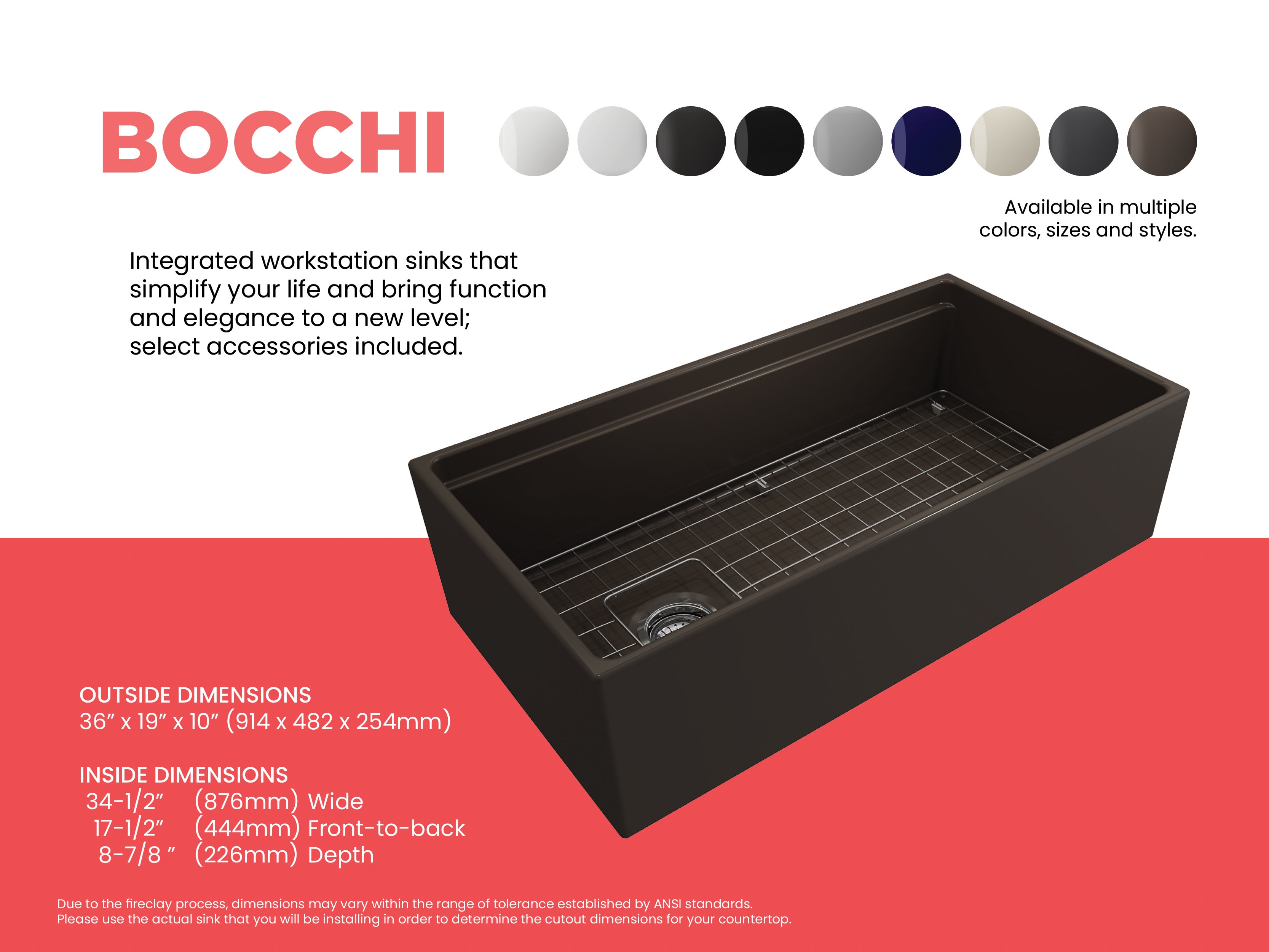 BOCCHI Contempo 36" Fireclay Workstation Farmhouse Sink with Accessories, Matte Brown, 1505-025-0120