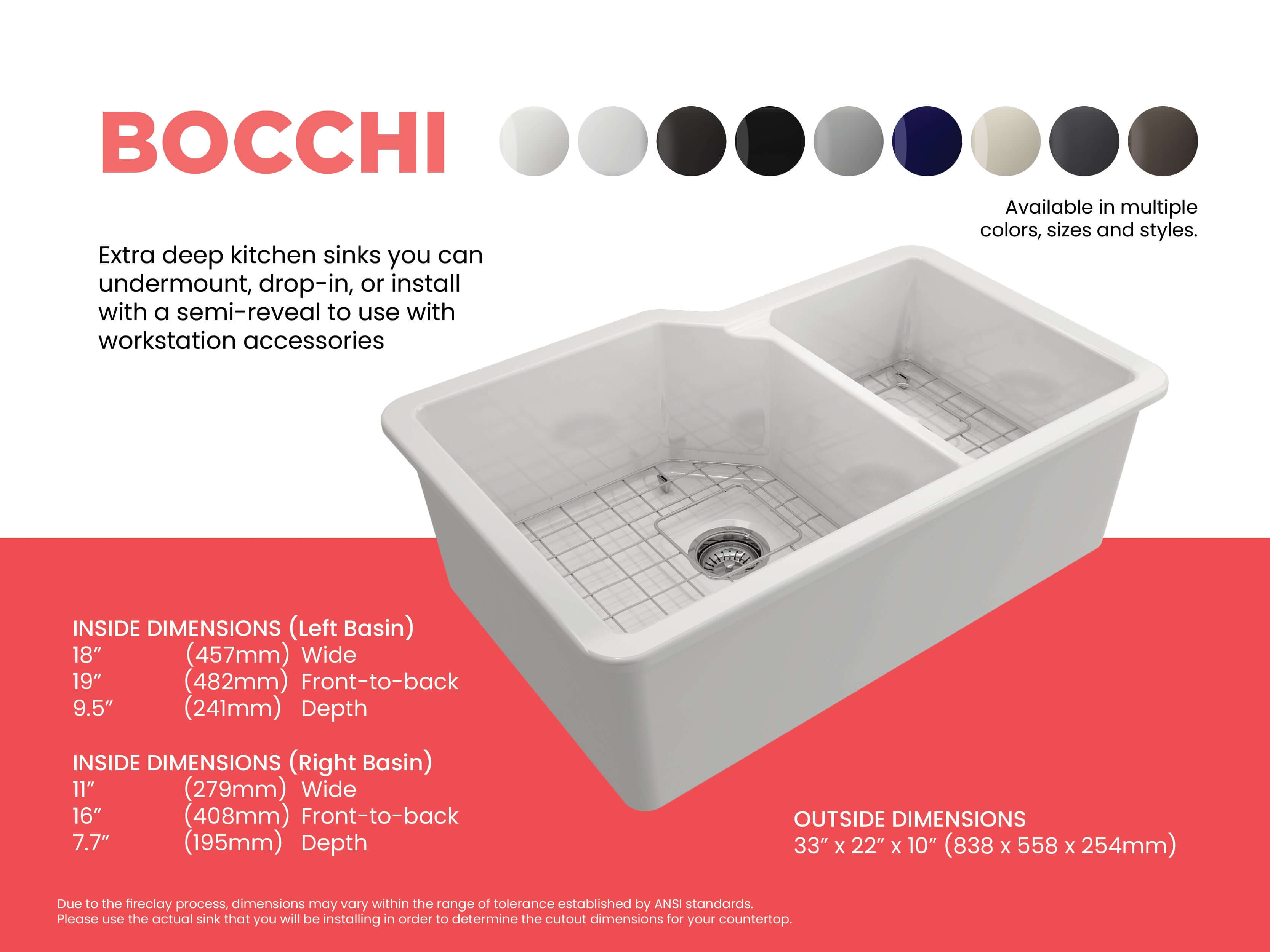 BOCCHI Sotto 33" Dual Mount Fireclay Kitchen Sink with Accessories, 60/40 Double Bowl, White, 1506-001-0120