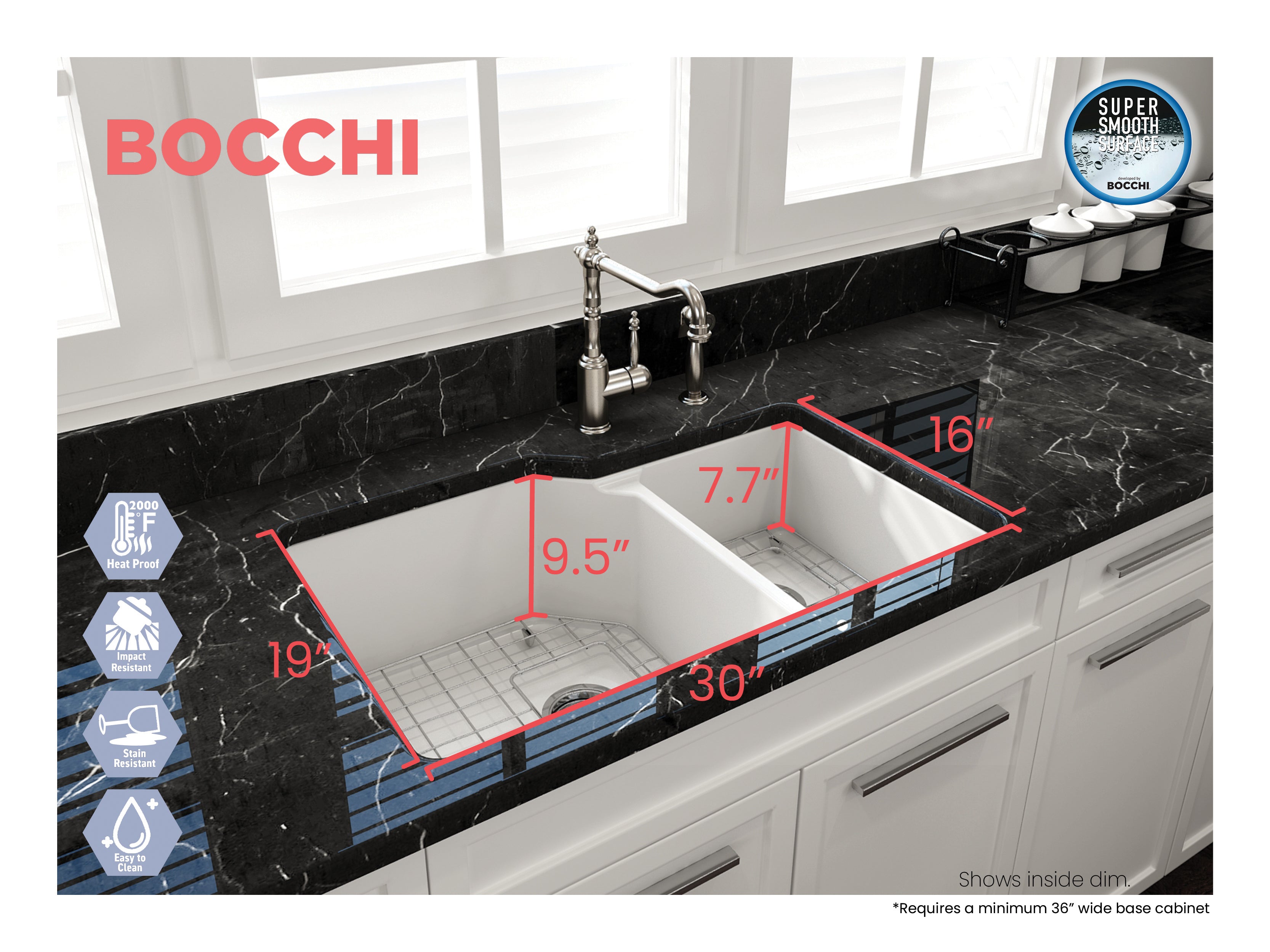 BOCCHI Sotto 33" Dual Mount Fireclay Kitchen Sink with Accessories, 60/40 Double Bowl, Matte White, 1506-002-0120