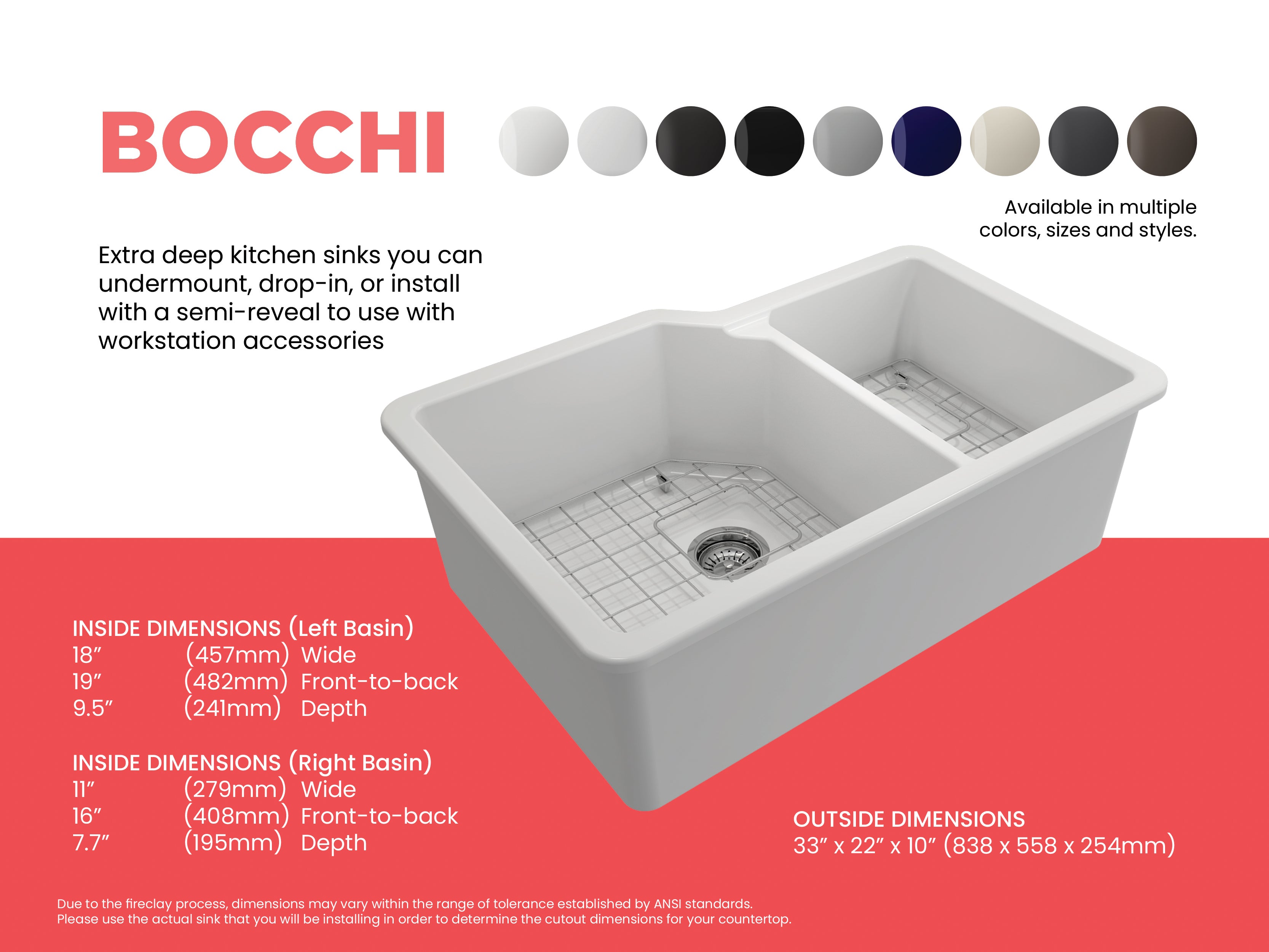 BOCCHI Sotto 33" Dual Mount Fireclay Kitchen Sink with Accessories, 60/40 Double Bowl, Matte White, 1506-002-0120