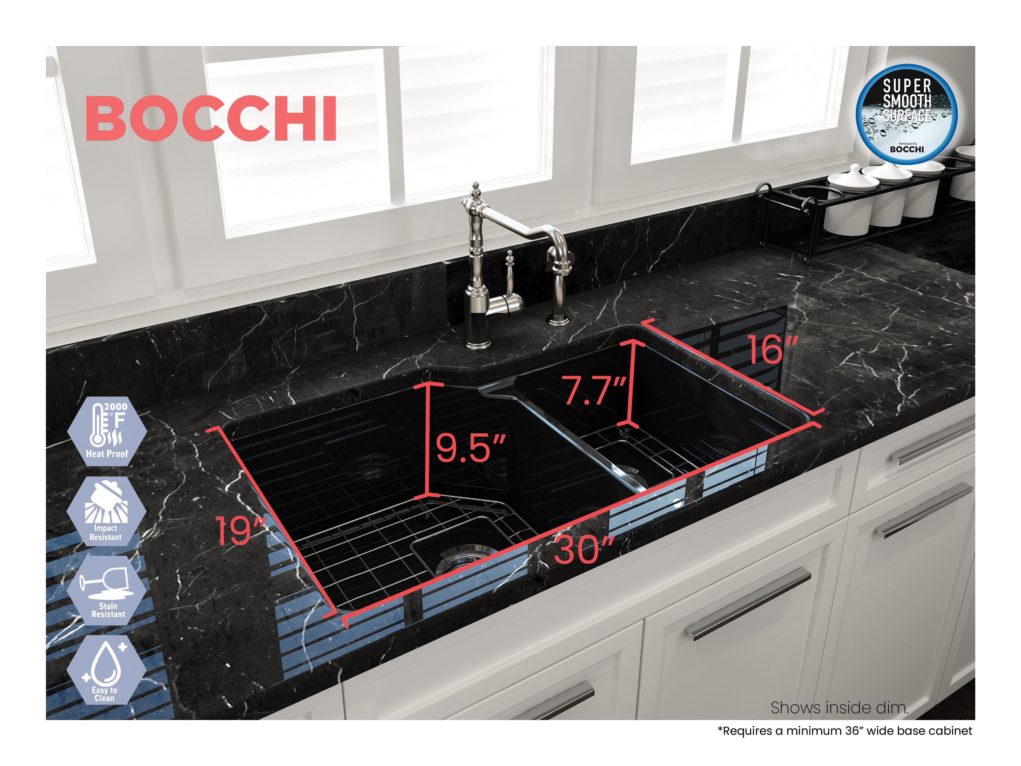 BOCCHI Sotto 33" Dual Mount Fireclay Kitchen Sink with Accessories, 60/40 Double Bowl, Black, 1506-005-0120