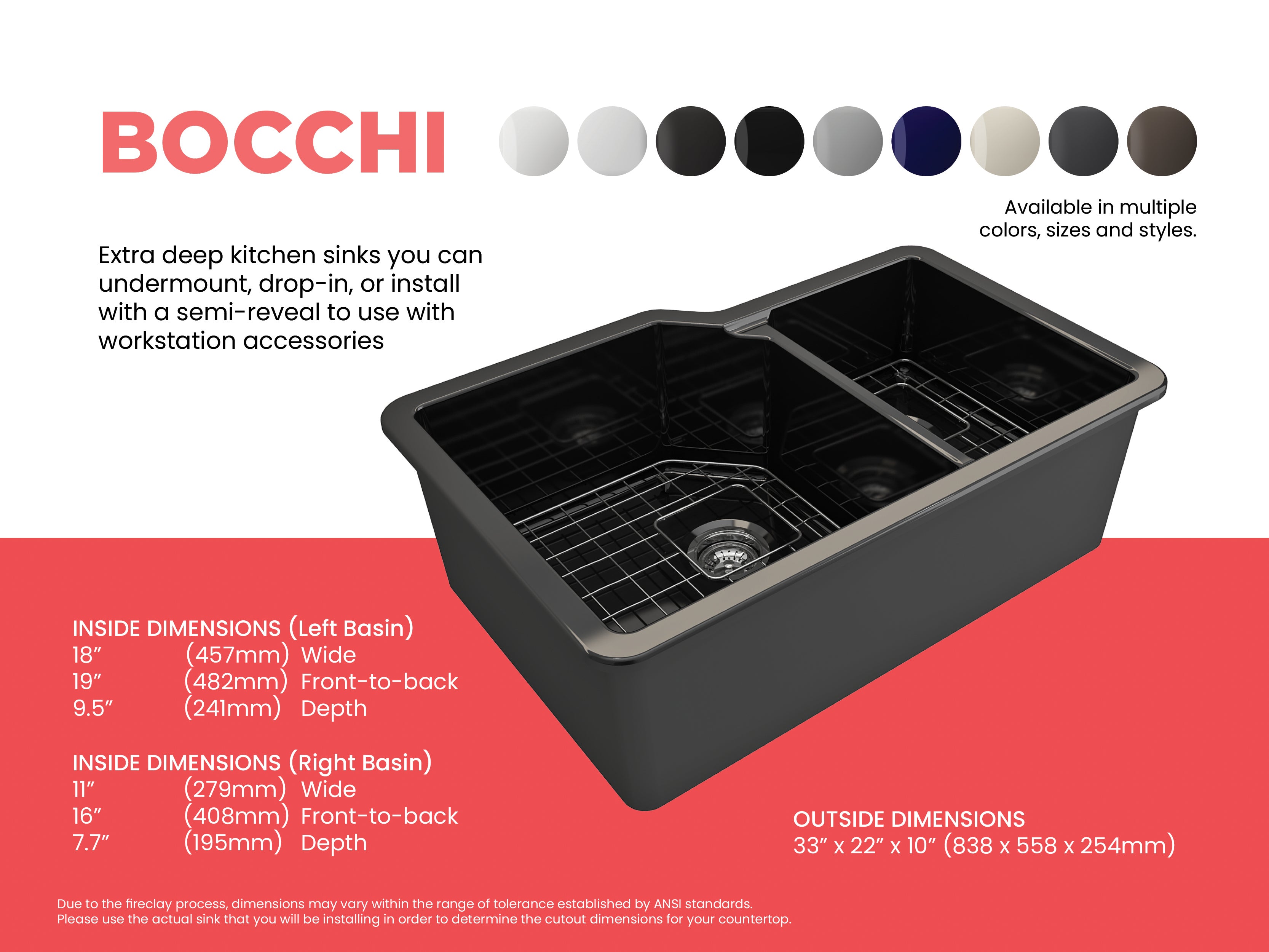 BOCCHI Sotto 33" Dual Mount Fireclay Kitchen Sink with Accessories, 60/40 Double Bowl, Black, 1506-005-0120