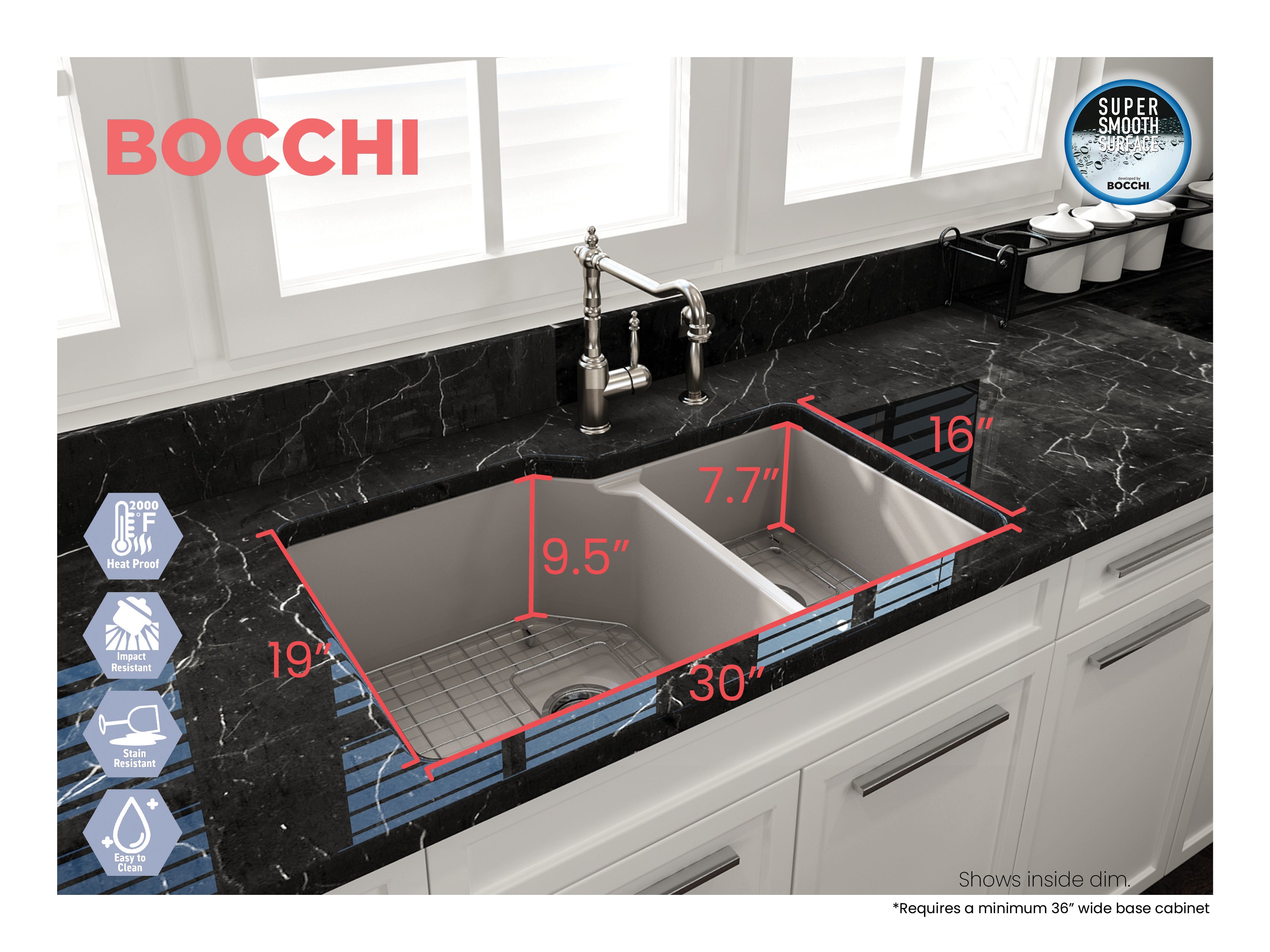 BOCCHI Sotto 33" Dual Mount Fireclay Kitchen Sink with Accessories, 60/40 Double Bowl, Matte Gray, 1506-006-0120