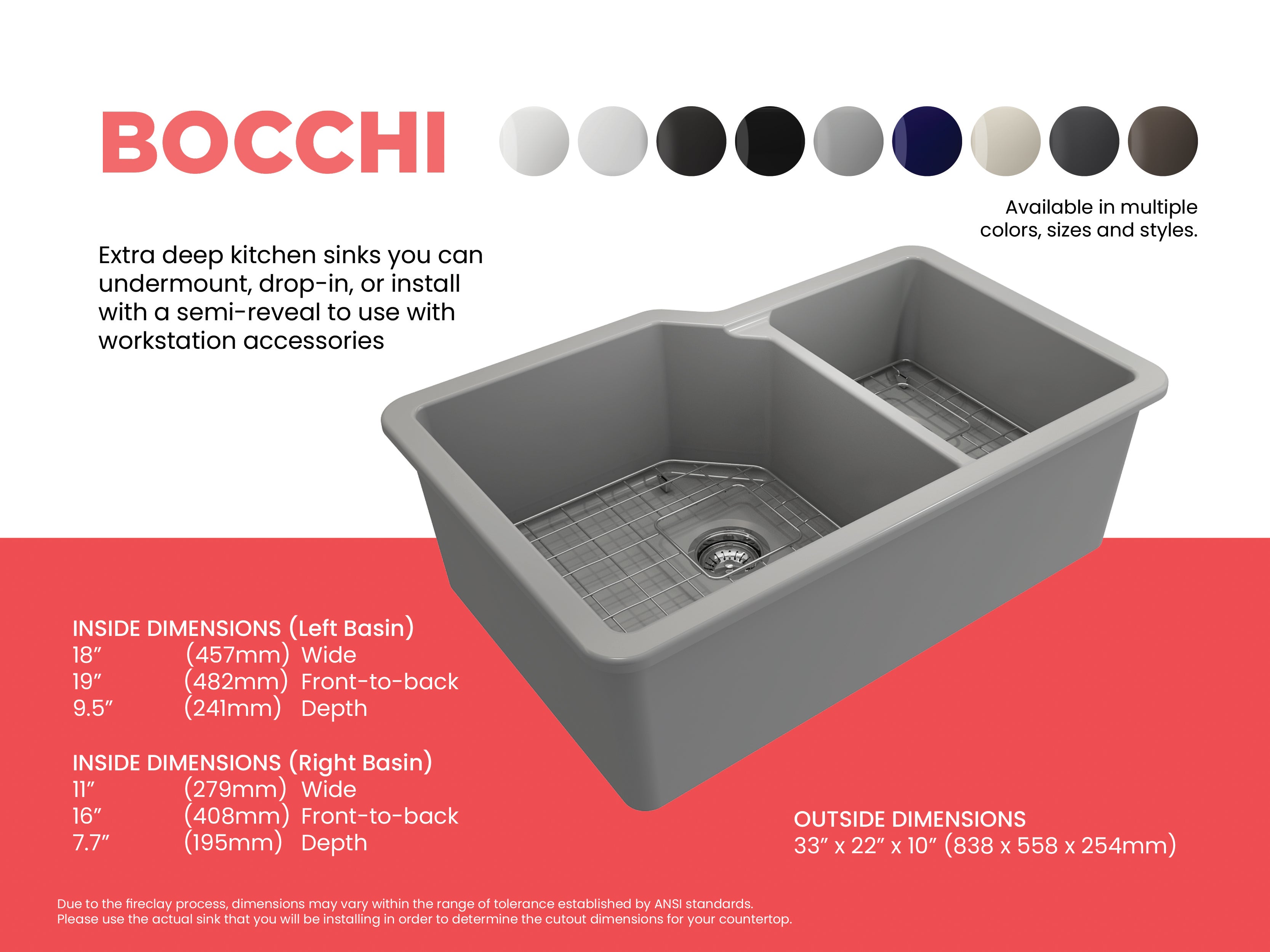 BOCCHI Sotto 33" Dual Mount Fireclay Kitchen Sink with Accessories, 60/40 Double Bowl, Matte Gray, 1506-006-0120