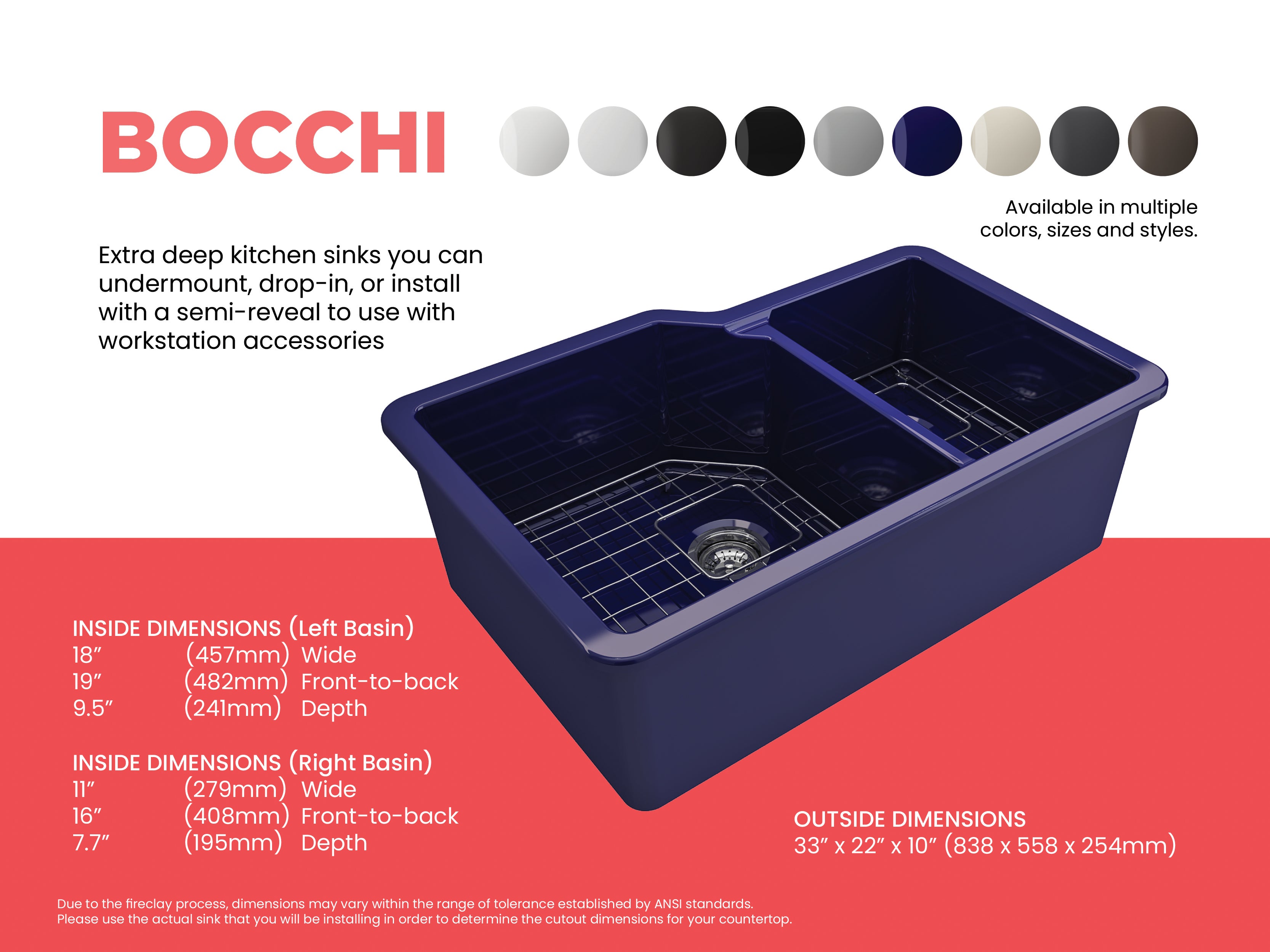 BOCCHI Sotto 33" Dual Mount Fireclay Kitchen Sink with Accessories, 60/40 Double Bowl, Sapphire Blue, 1506-010-0120