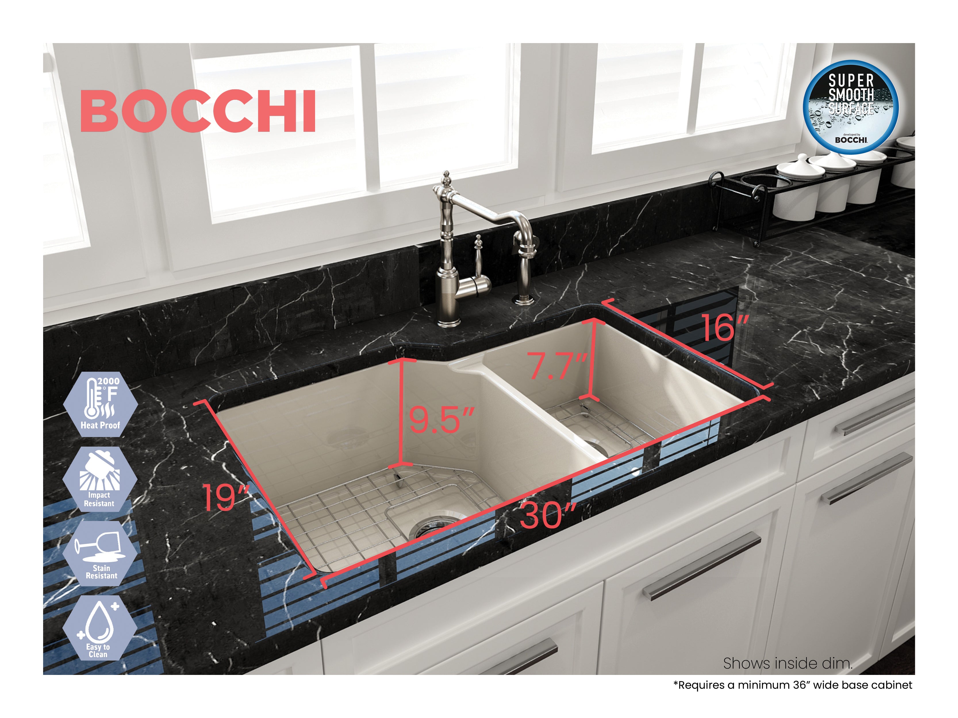 BOCCHI Sotto 33" Dual Mount Fireclay Kitchen Sink with Accessories, 60/40 Double Bowl, Biscuit, 1506-014-0120