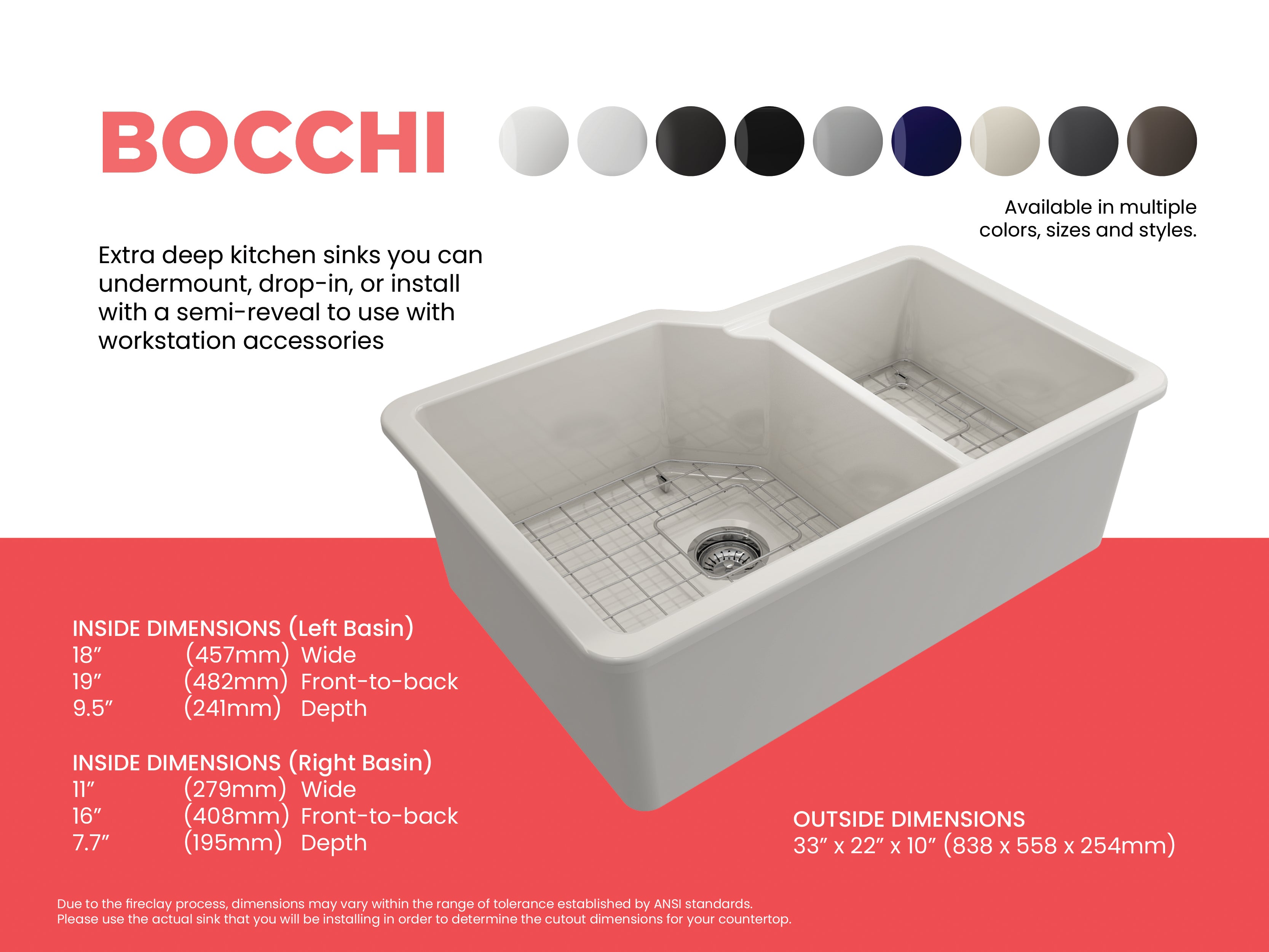 BOCCHI Sotto 33" Dual Mount Fireclay Kitchen Sink with Accessories, 60/40 Double Bowl, Biscuit, 1506-014-0120