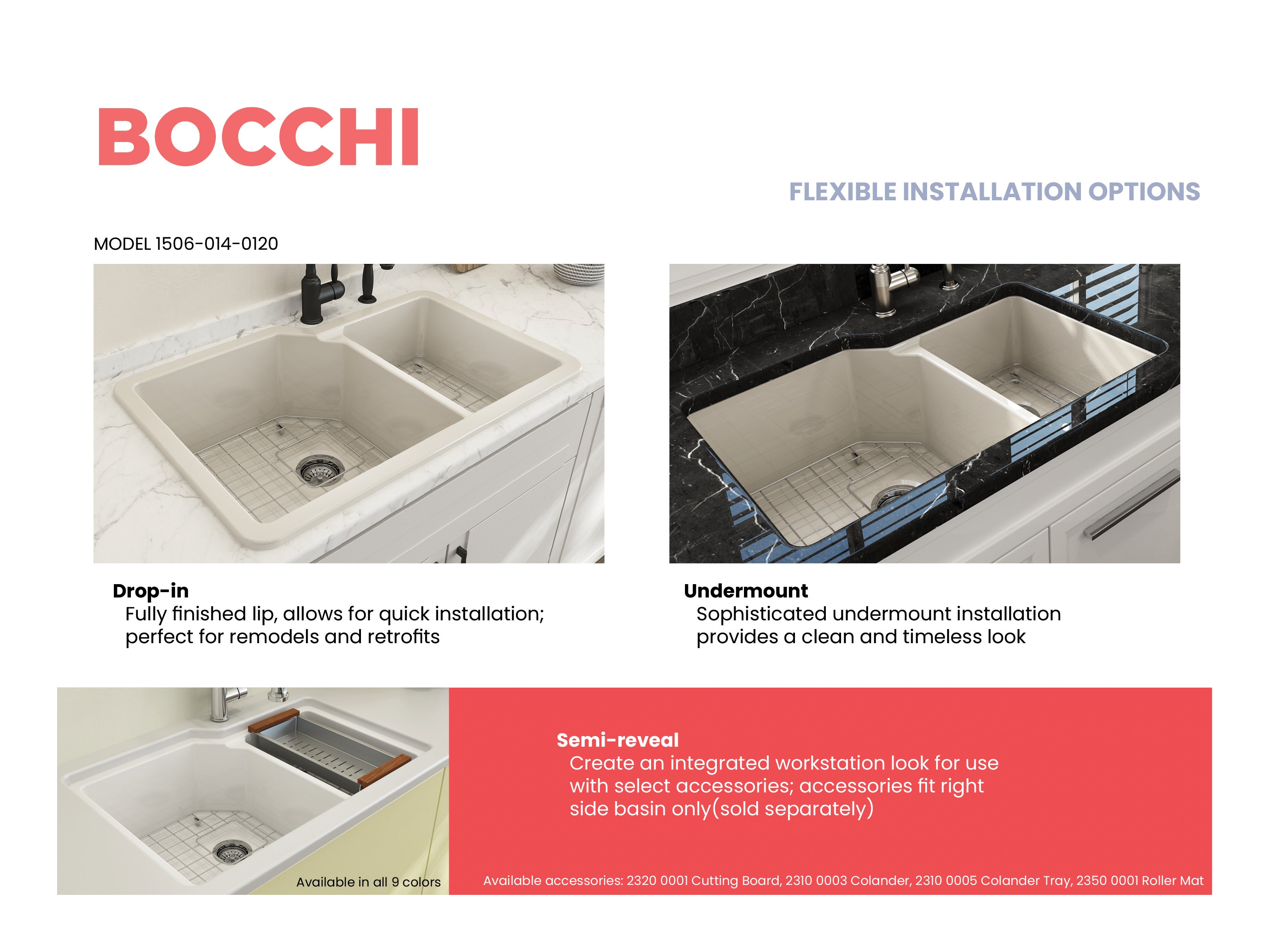 BOCCHI Sotto 33" Dual Mount Fireclay Kitchen Sink with Accessories, 60/40 Double Bowl, Biscuit, 1506-014-0120