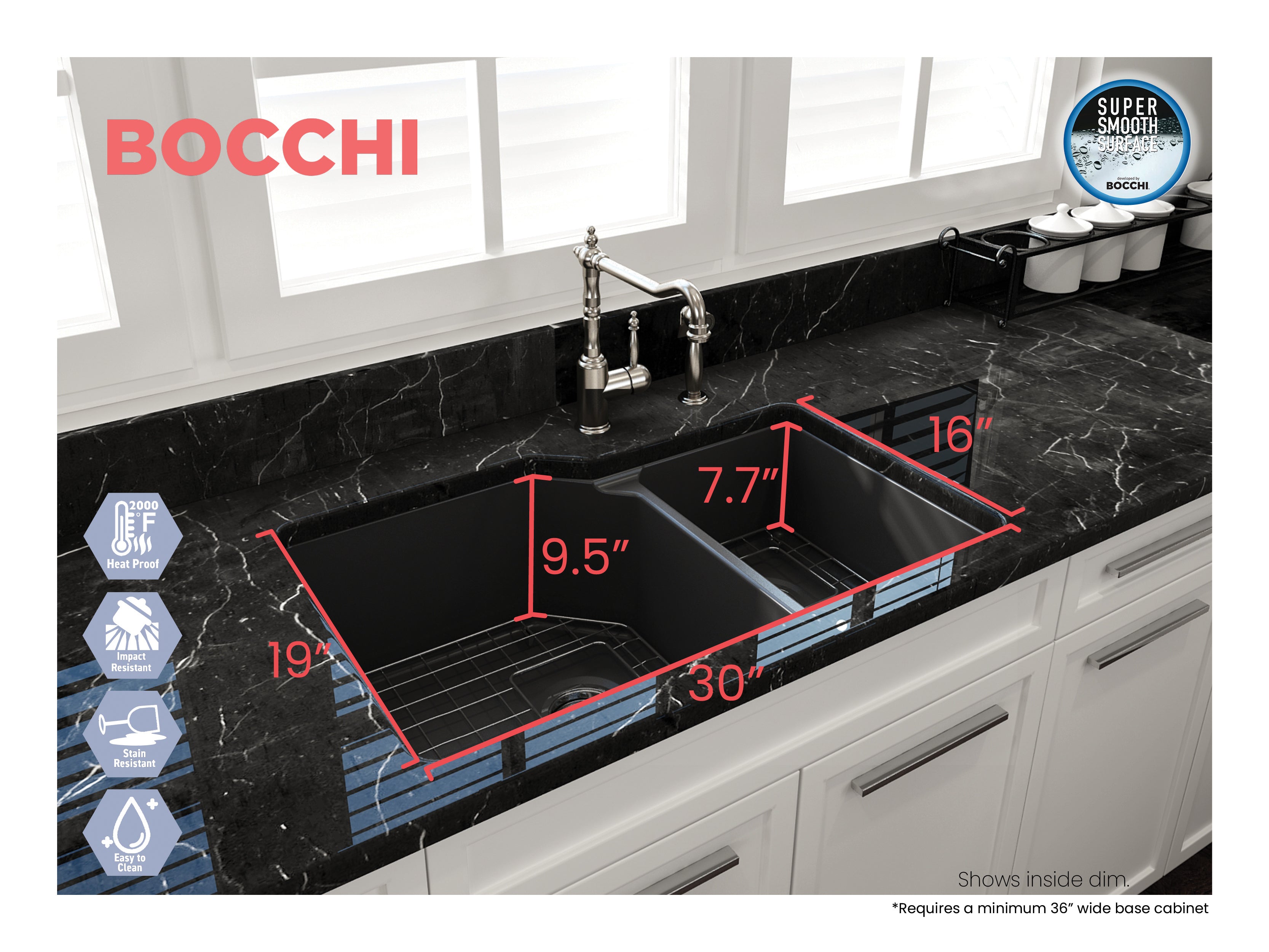 BOCCHI Sotto 33" Dual Mount Fireclay Kitchen Sink with Accessories, 60/40 Double Bowl, Matte Dark Gray, 1506-020-0120