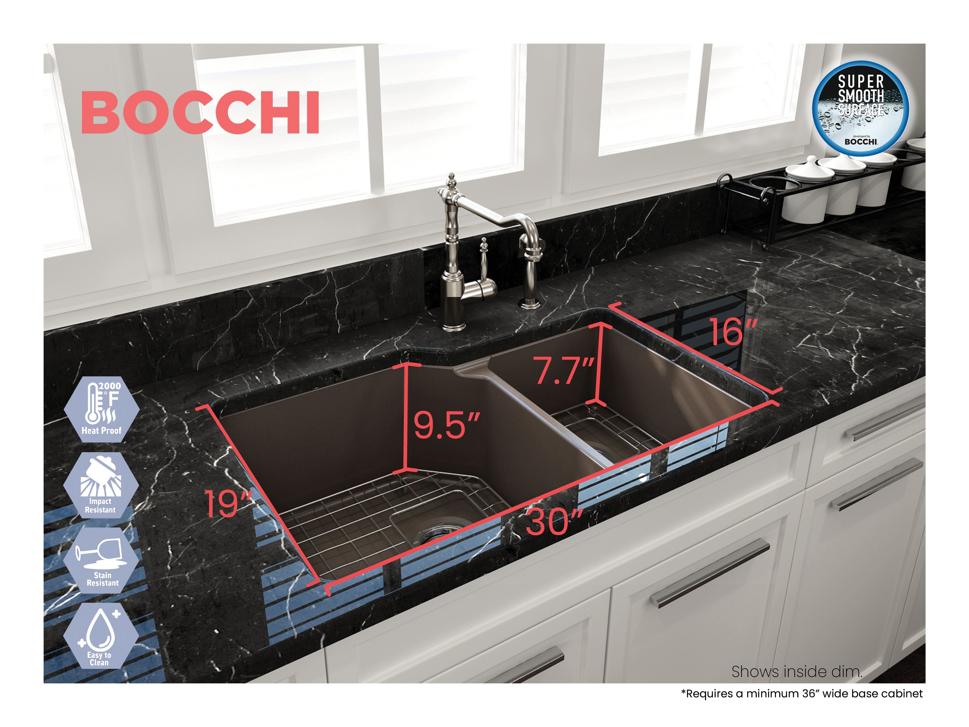 BOCCHI Sotto 33" Dual Mount Fireclay Kitchen Sink with Accessories, 60/40 Double Bowl, Matte Brown, 1506-025-0120
