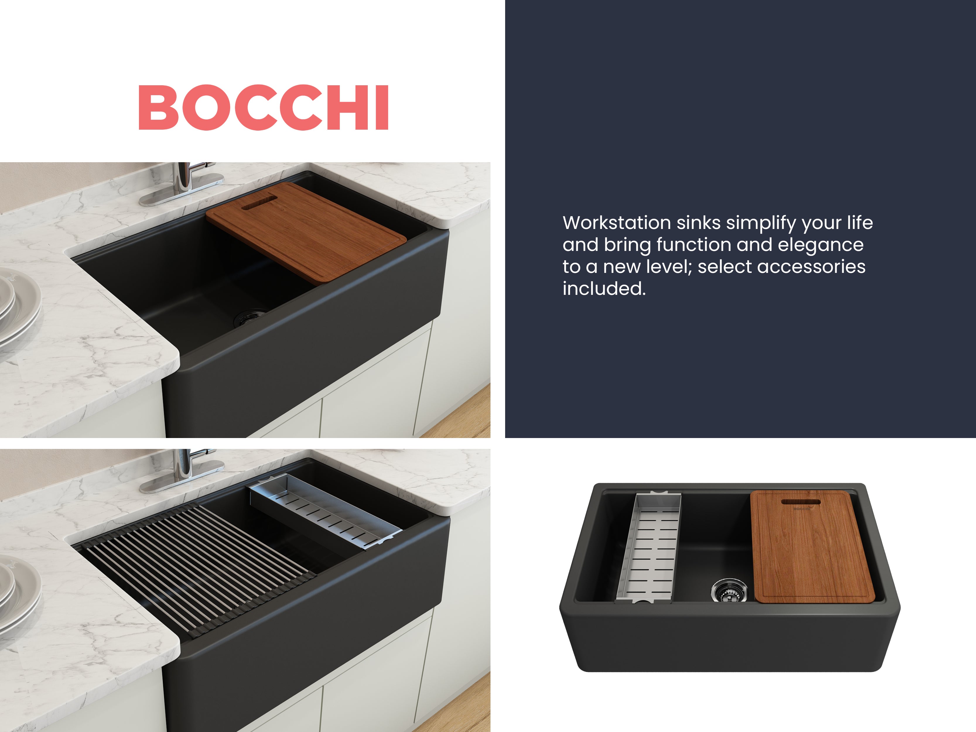 BOCCHI Arona 33" Composite Granite Workstation Farmhouse Sink with Accessories, Matte Black, 1600-504-0120