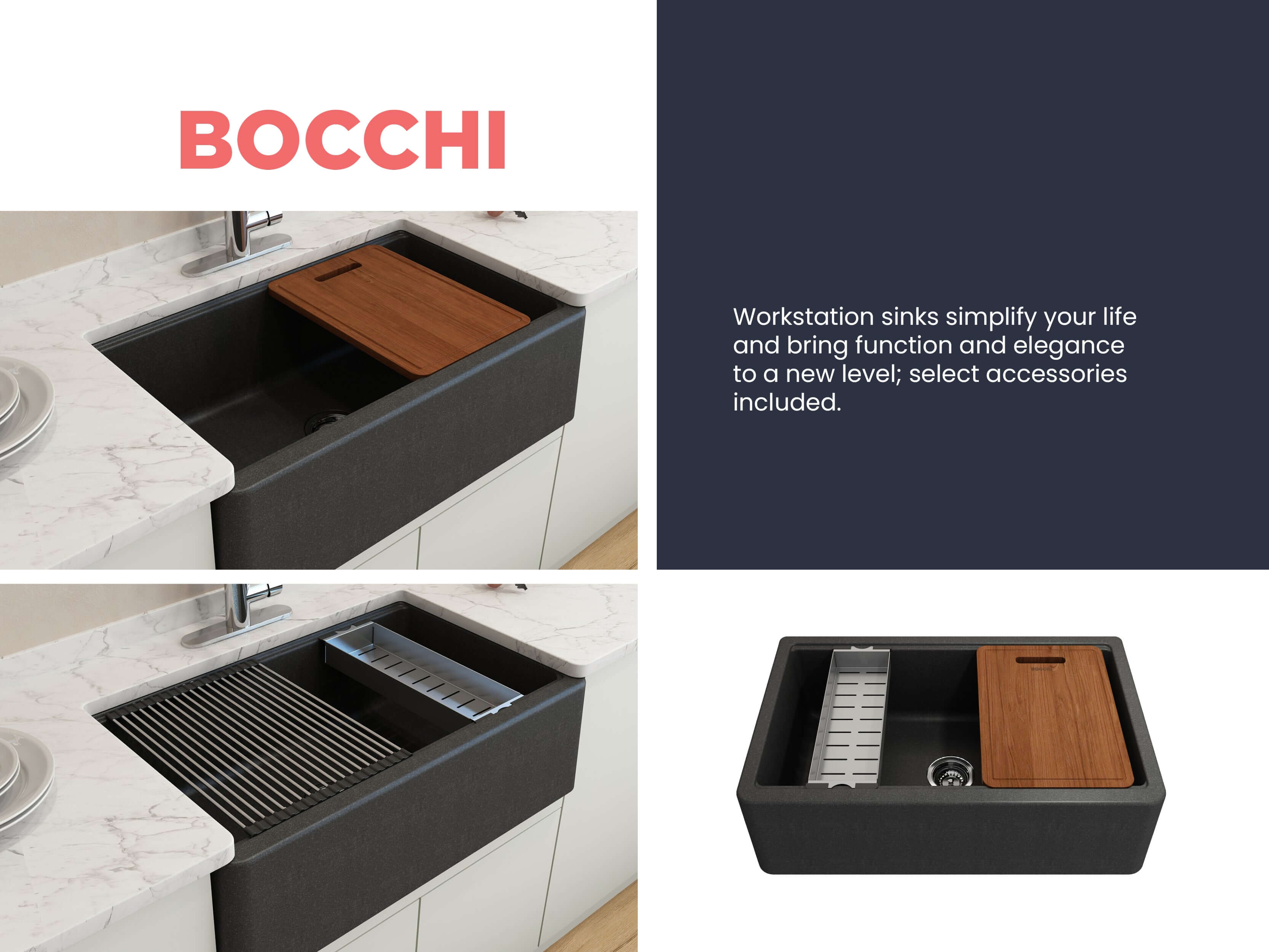 BOCCHI Arona 33" Composite Granite Workstation Farmhouse Sink with Accessories, Metallic Black, 1600-505-0120