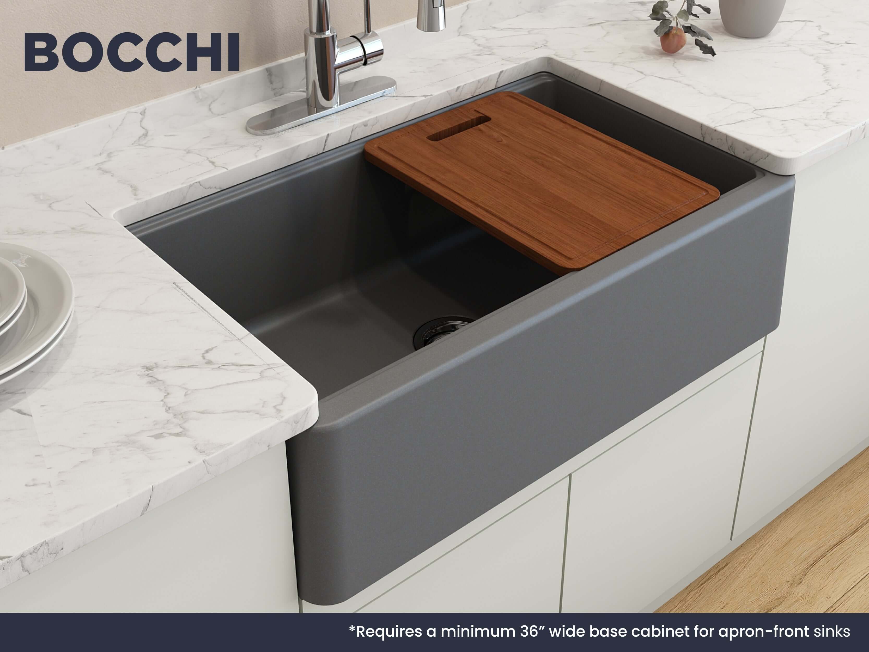 BOCCHI Arona 33" Composite Granite Workstation Farmhouse Sink with Accessories, Concrete Gray, 1600-506-0120