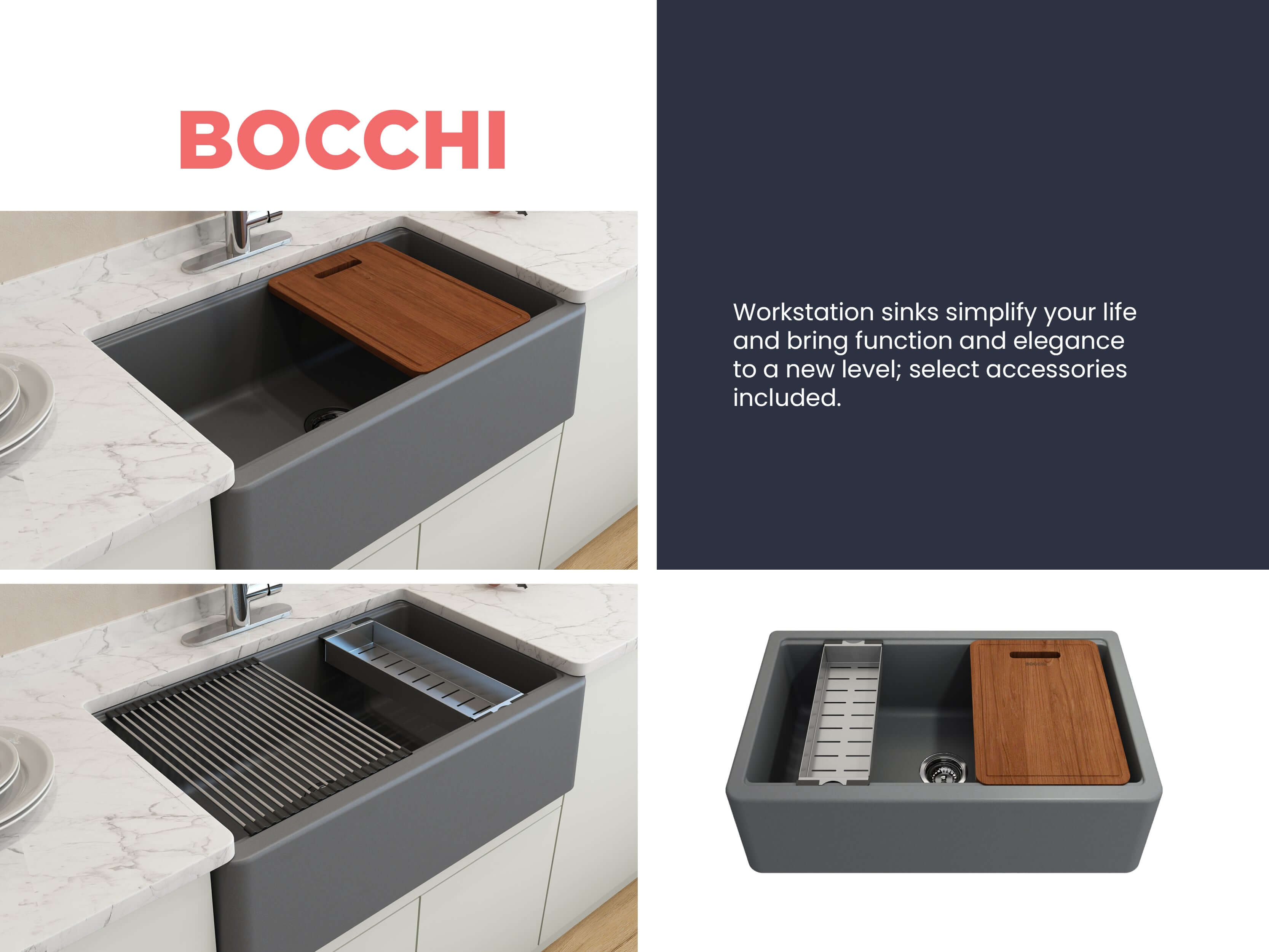 BOCCHI Arona 33" Composite Granite Workstation Farmhouse Sink with Accessories, Concrete Gray, 1600-506-0120