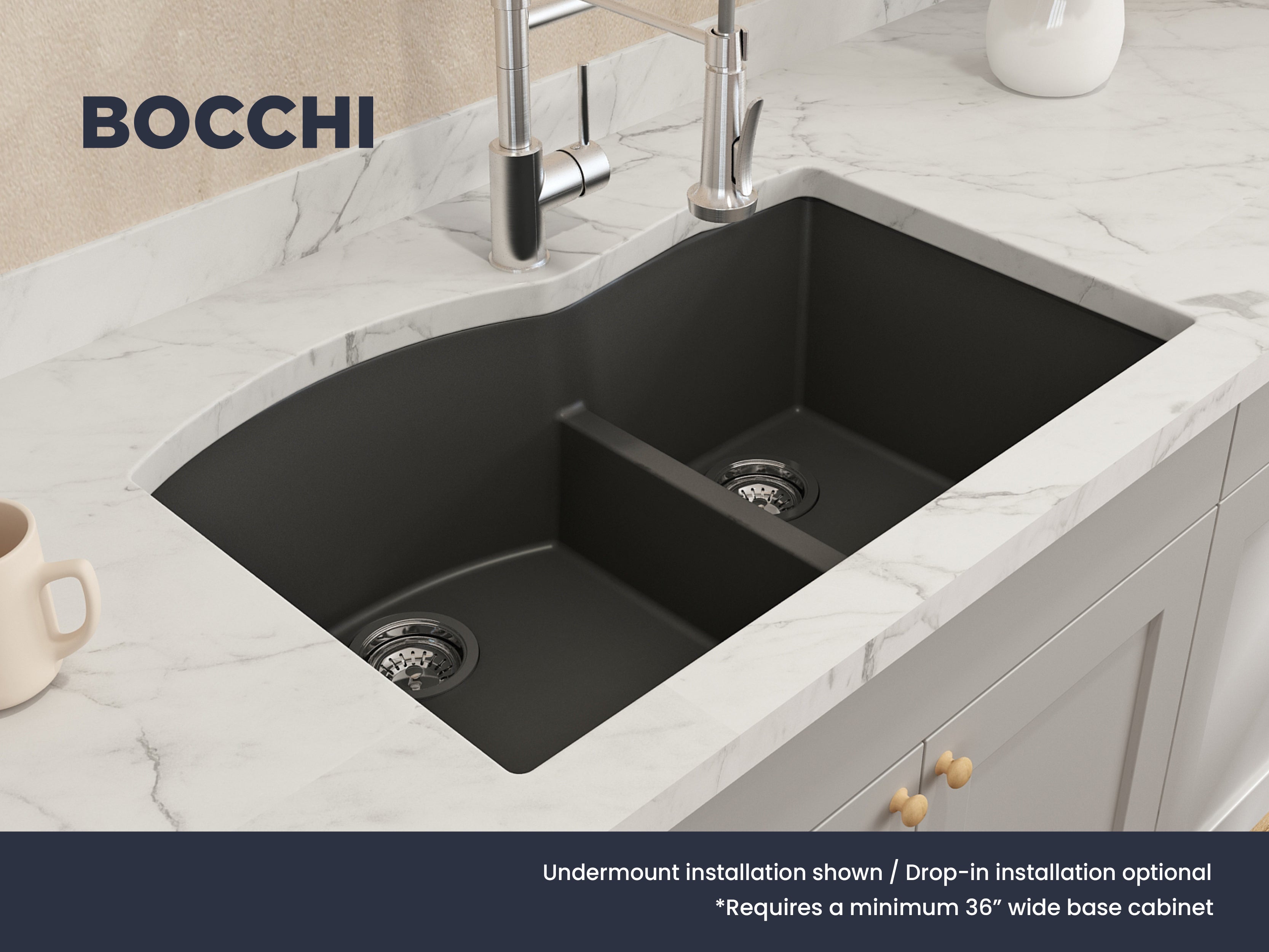 BOCCHI Campino Duo 33" Dual Mount Composite Granite Kitchen Sink, 60/40 Double Bowl, Matte Black, 1602-504-0126