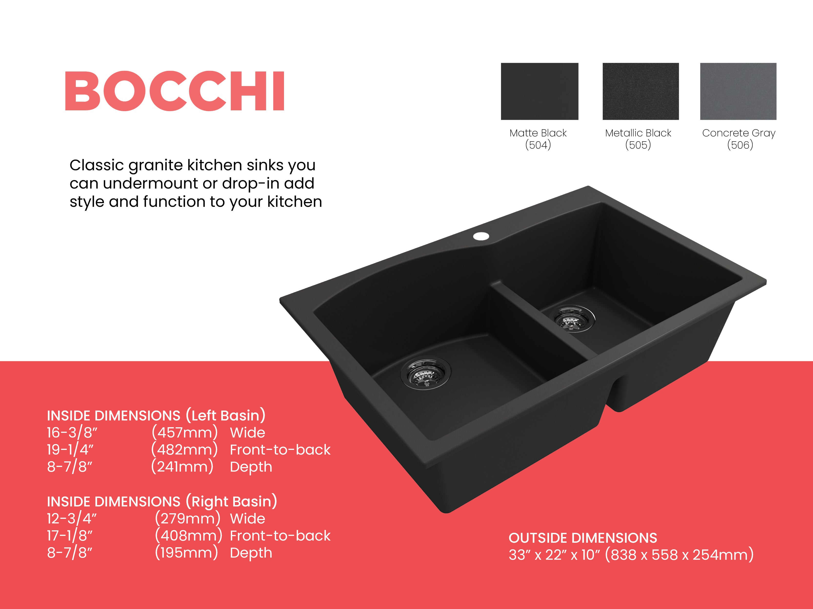 BOCCHI Campino Duo 33" Dual Mount Composite Granite Kitchen Sink, 60/40 Double Bowl, Matte Black, 1602-504-0126