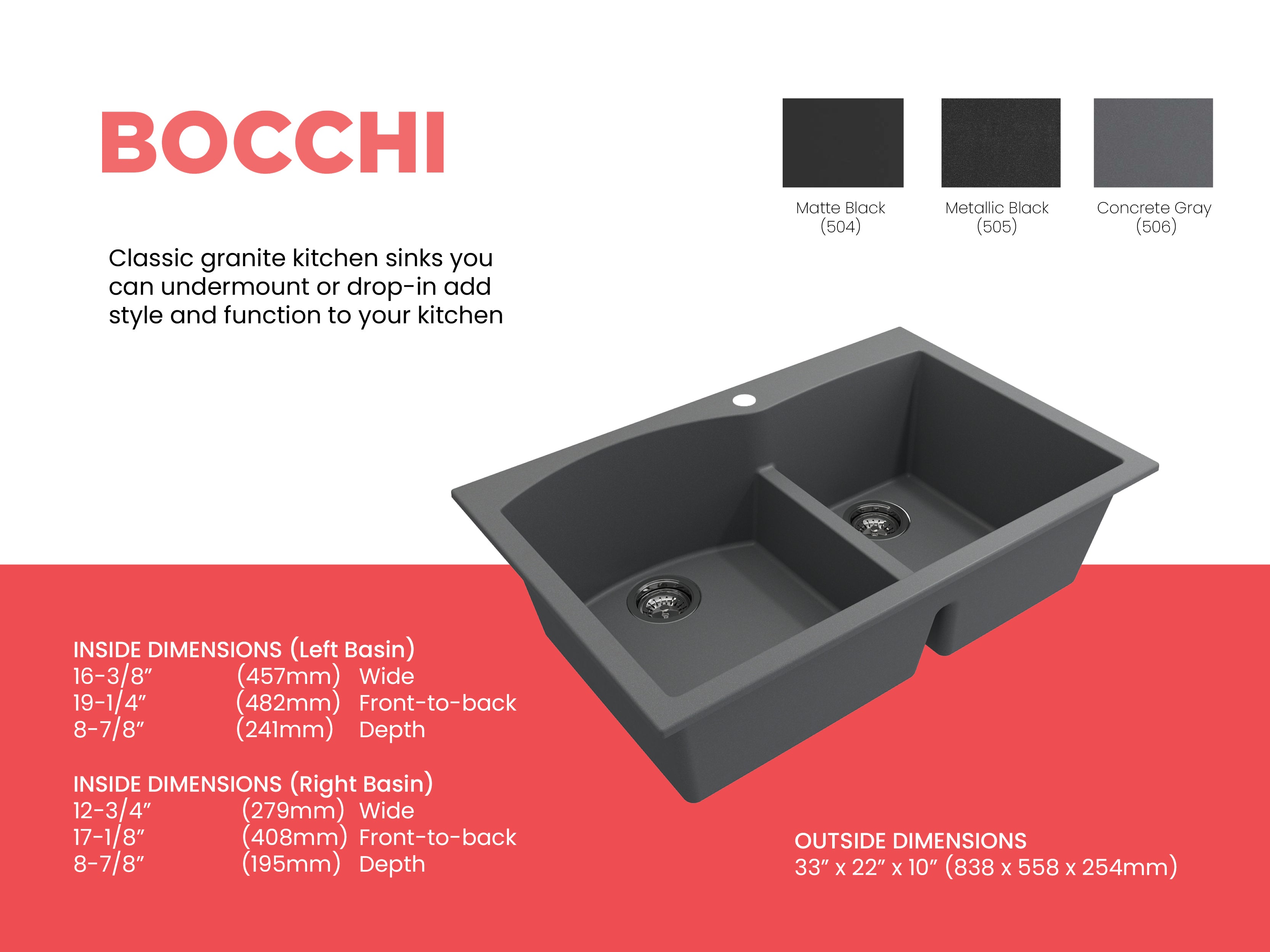 BOCCHI Campino Duo 33" Dual Mount Composite Granite Kitchen Sink, 60/40 Double Bowl, Concrete Gray, 1602-506-0126