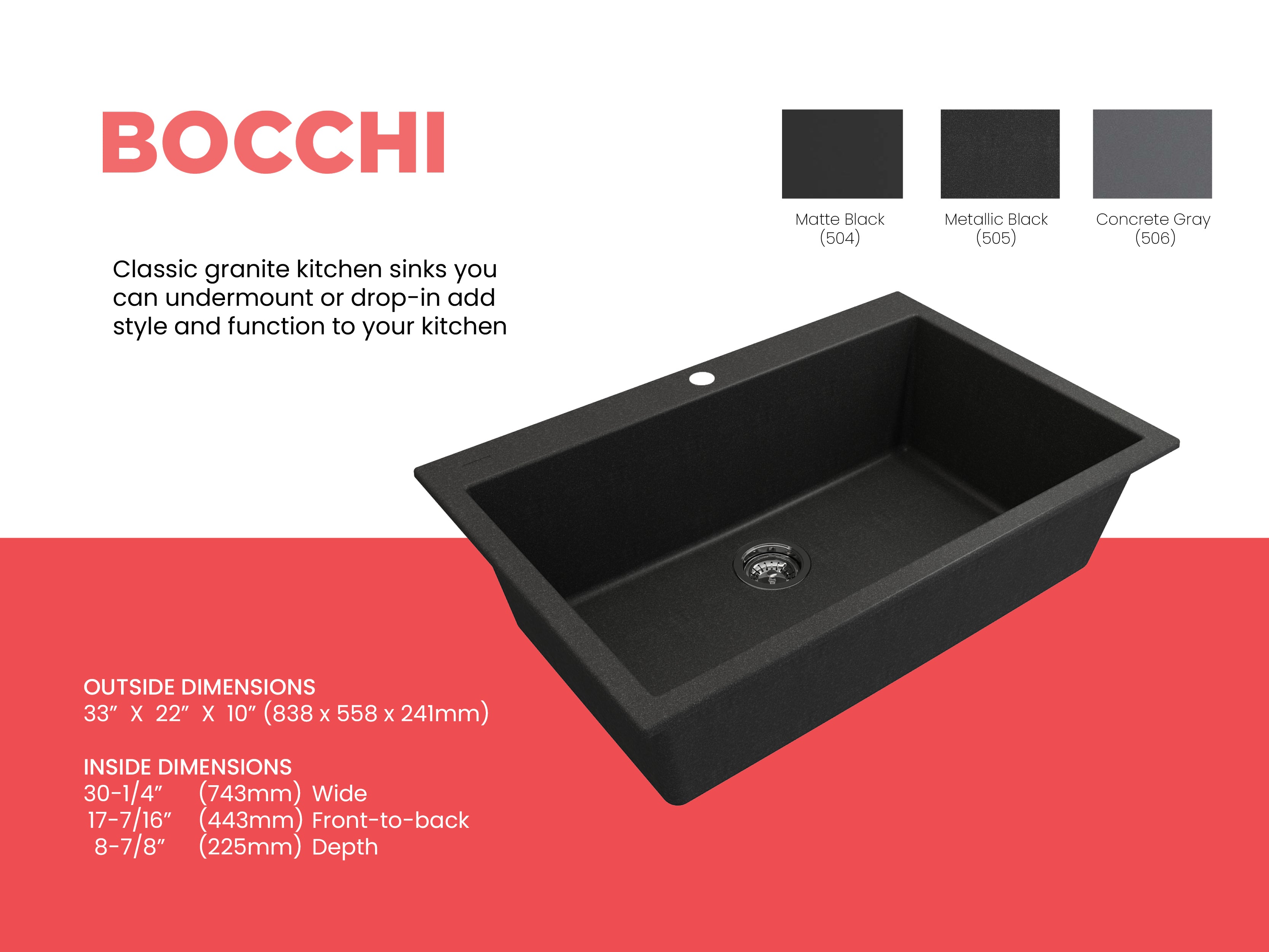 BOCCHI Campino Uno 33" Dual Mount Composite Granite Kitchen Sink, Metallic Black, 1604-505-0126