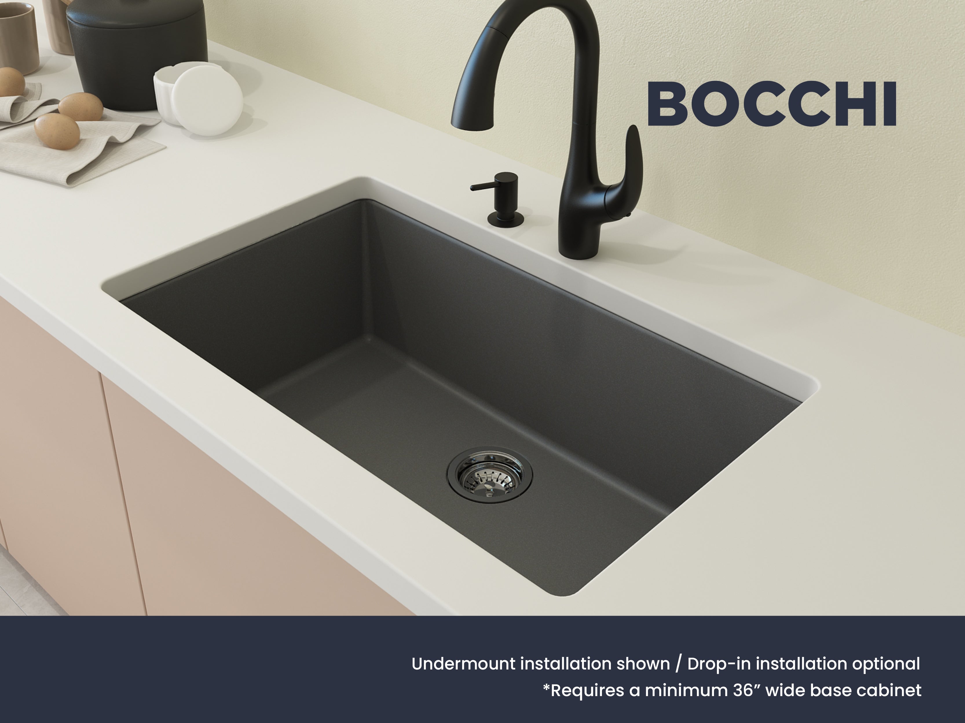 BOCCHI Campino Uno 33" Dual Mount Composite Granite Kitchen Sink, Concrete Gray, 1604-506-0126