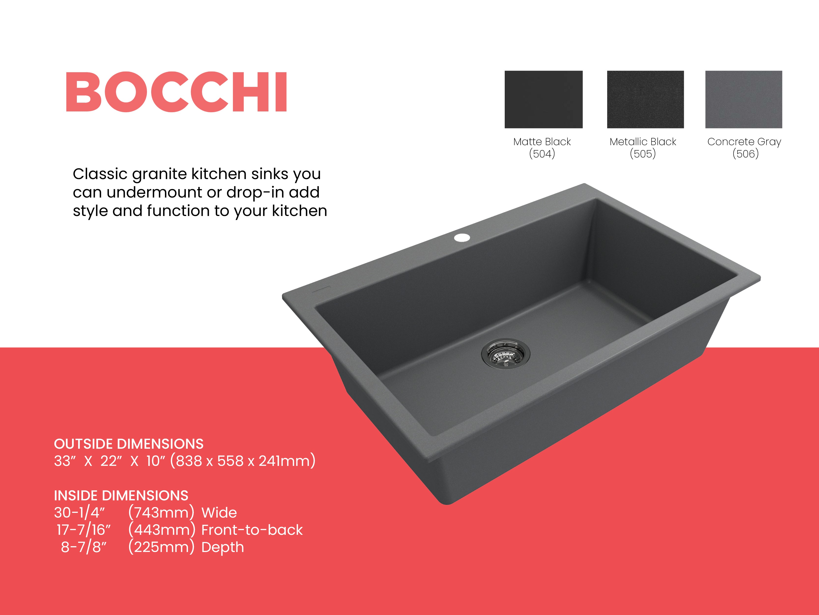 BOCCHI Campino Uno 33" Dual Mount Composite Granite Kitchen Sink, Concrete Gray, 1604-506-0126