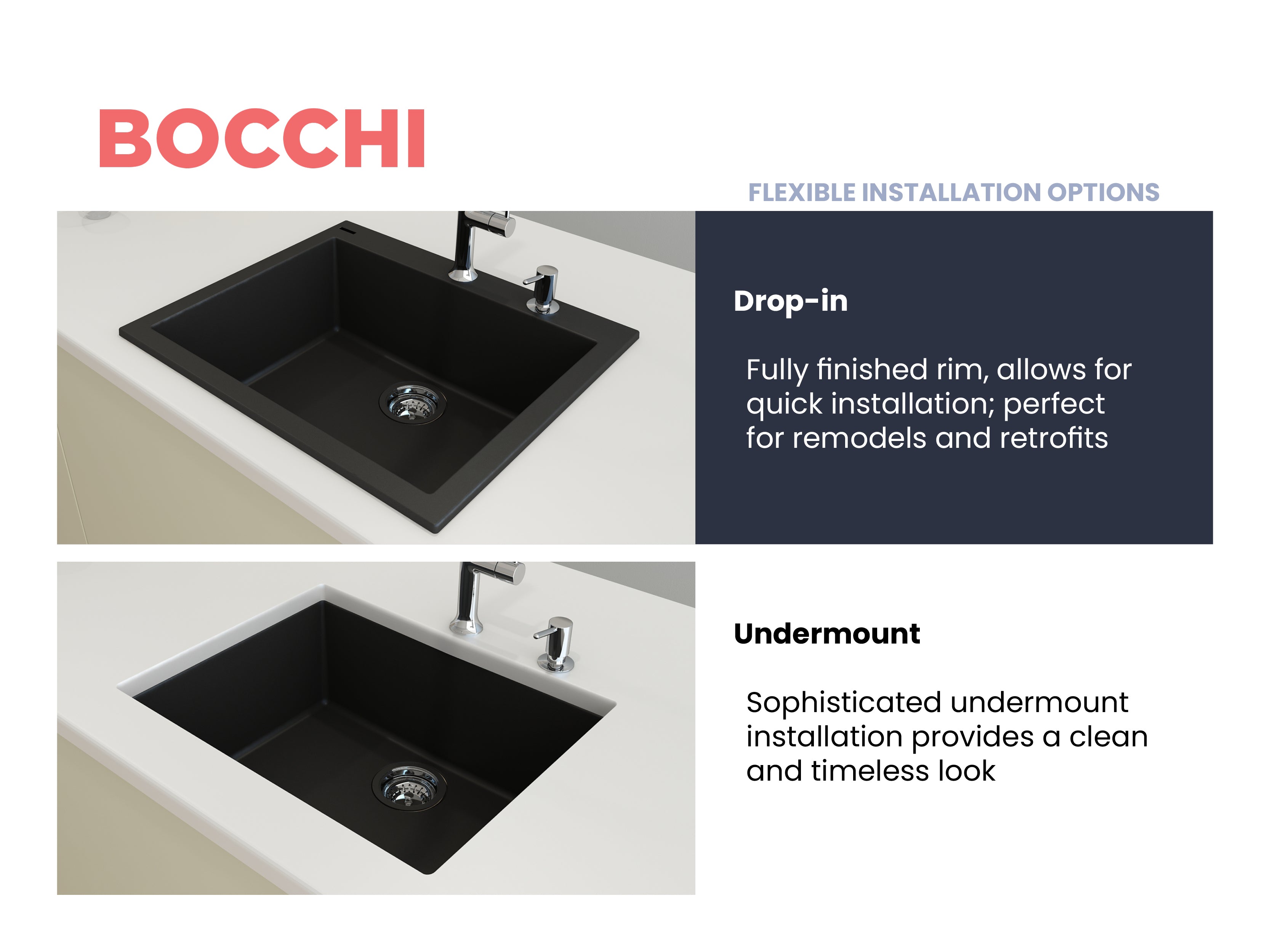 BOCCHI Campino Uno 24" Dual Mount Composite Granite Kitchen Sink, Matte Black, 1606-504-0126