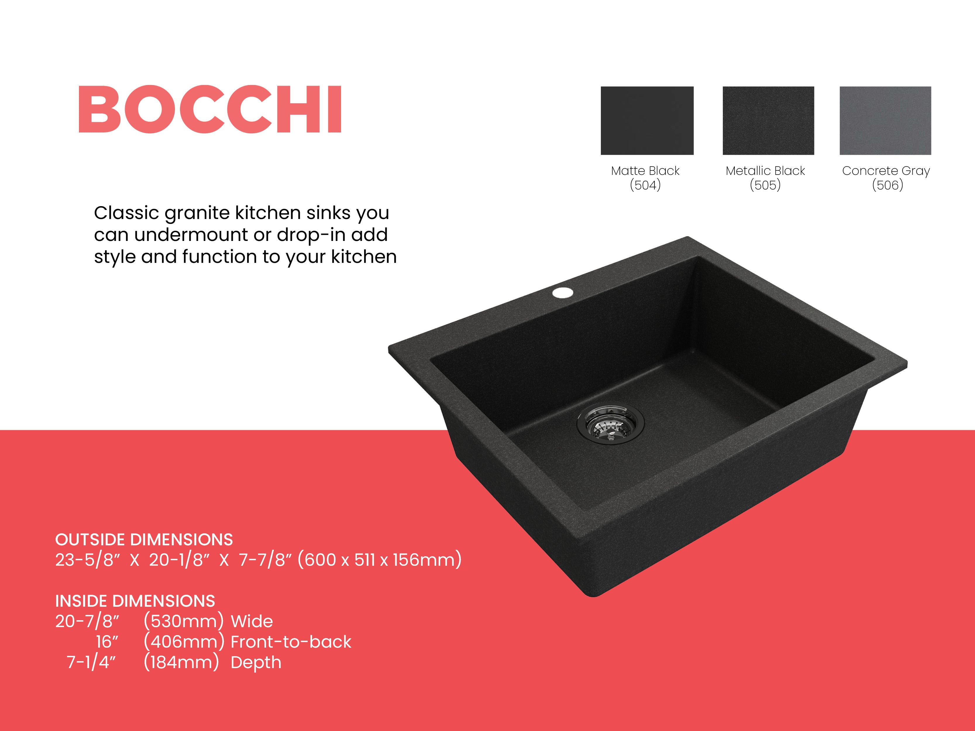 BOCCHI Campino Uno 24" Dual Mount Composite Granite Kitchen Sink, Metallic Black, 1606-505-0126