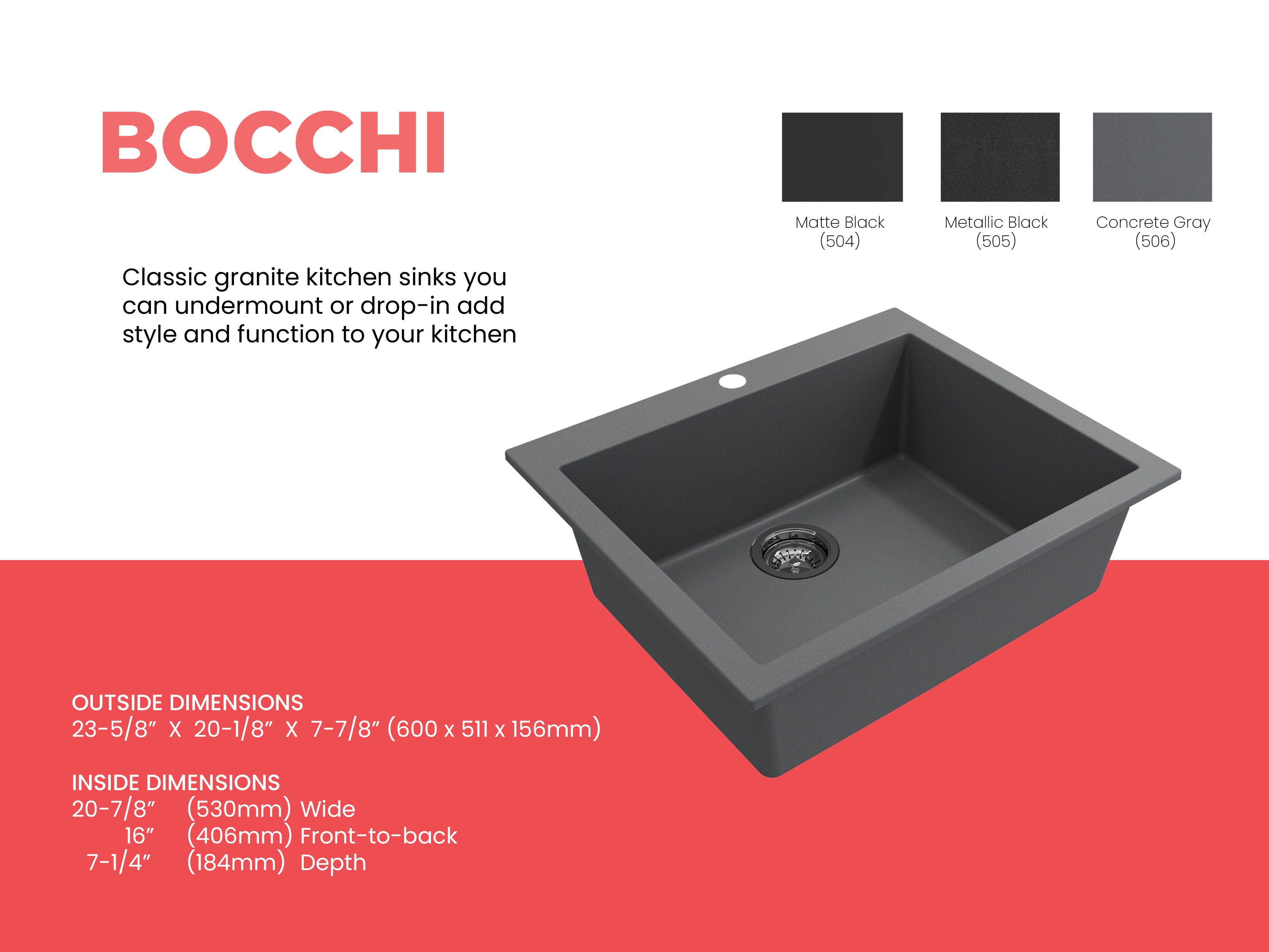 BOCCHI Campino Uno 24" Dual Mount Composite Granite Kitchen Sink, Concrete Gray, 1606-506-0126