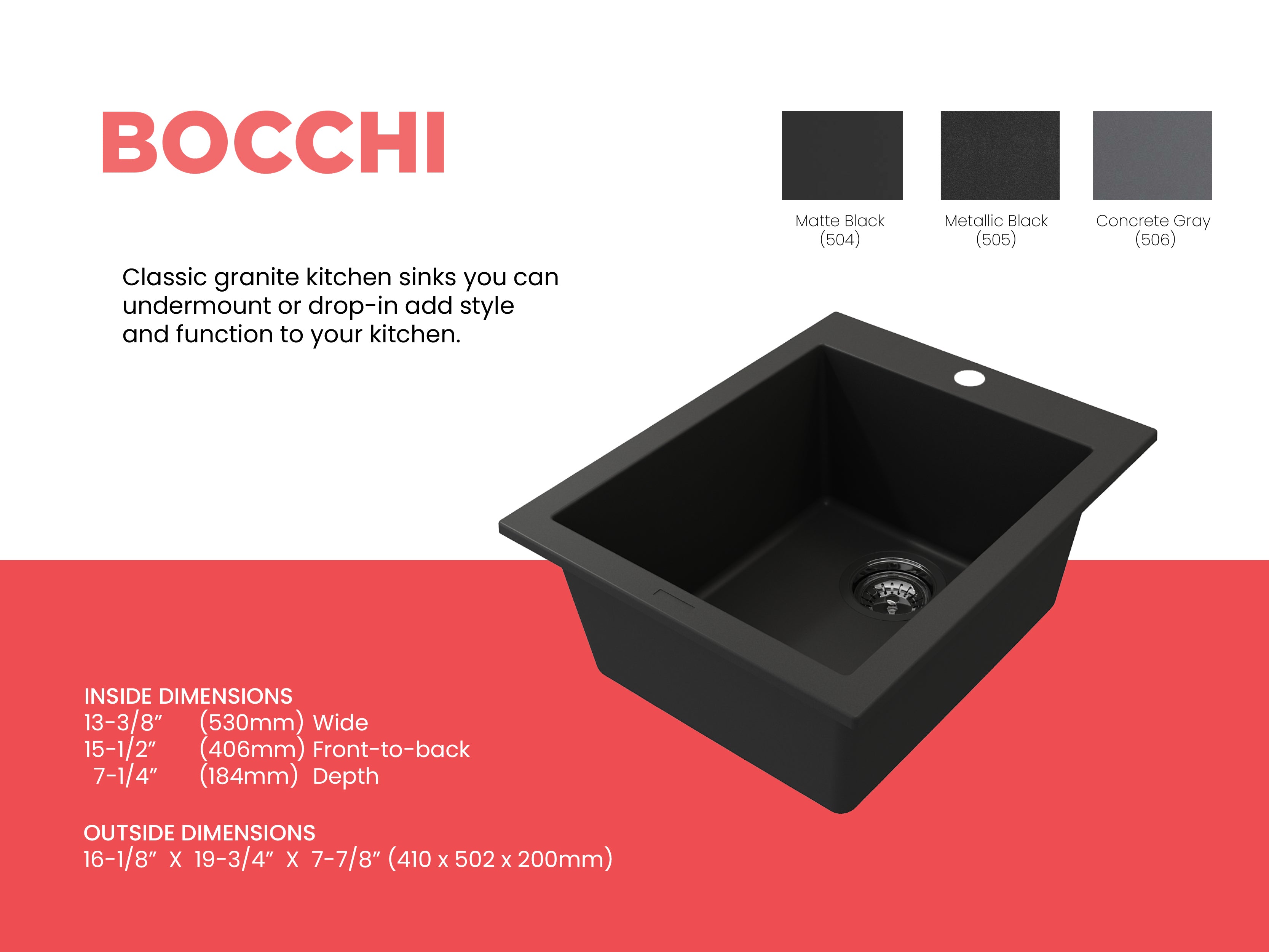 BOCCHI Campino Uno 16" Rectangle Composite Granite Bar/Prep Sink, Matte Black, 1608-504-0126