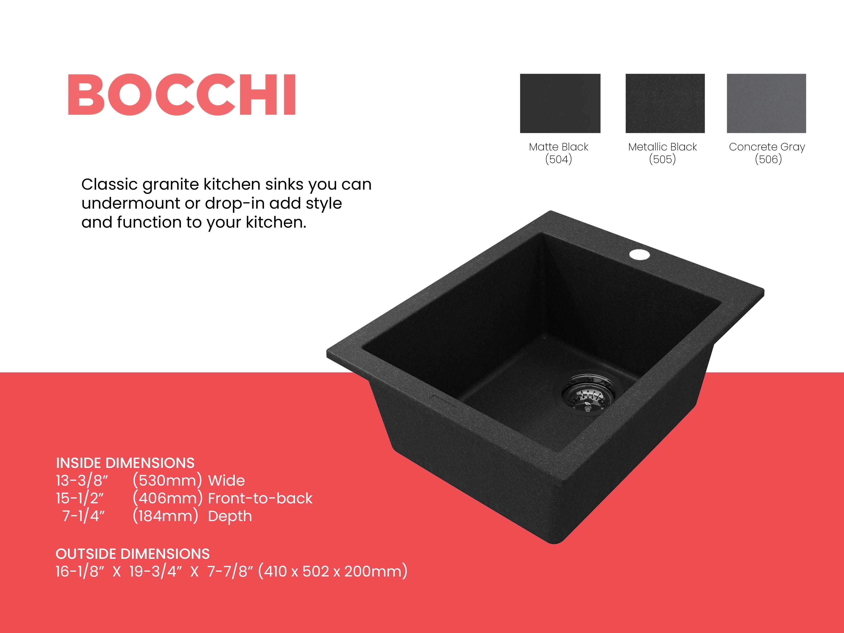 BOCCHI Campino Uno 16" Rectangle Composite Granite Bar/Prep Sink, Metallic Black, 1608-505-0126